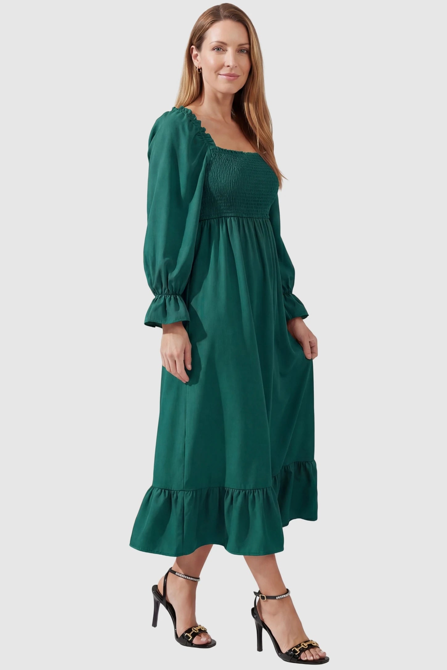 Solid Color Square Neck Ruffle Hem Midi Maternity Dress Green Square Neck Ruffle Hem Midi Maternity Dress featuring a high-waist fit on a non-pregnant model, front view.