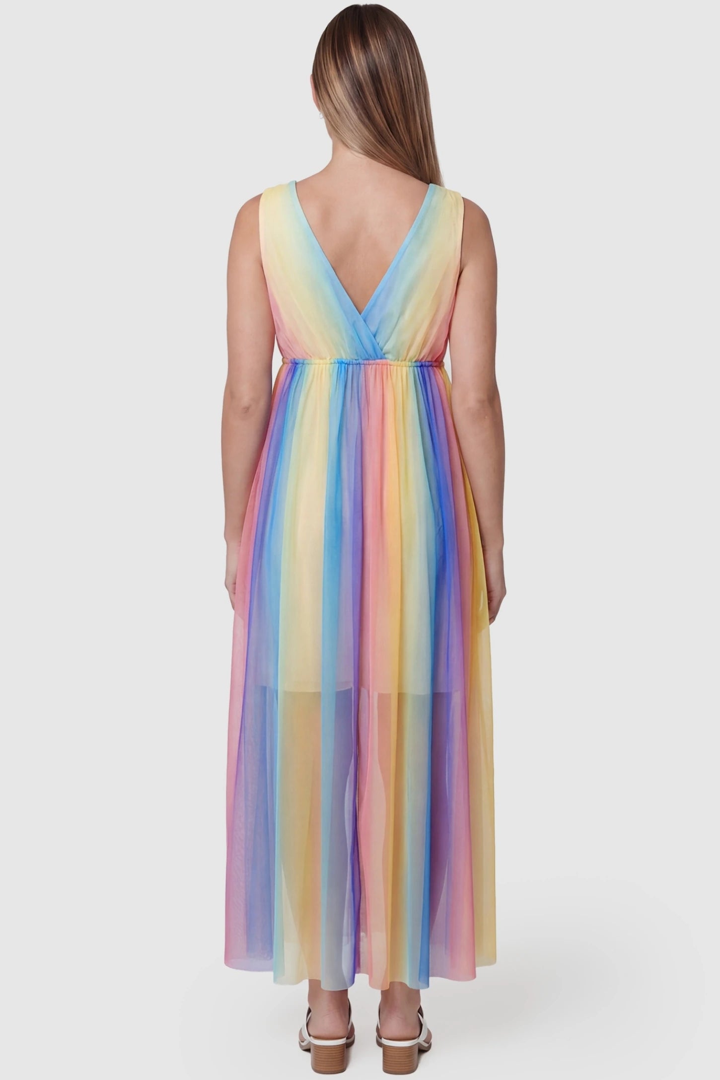Rainbow Gradient Surplice Neck Maxi Maternity Dress Rainbow Gradient Surplice Neck Maxi Maternity Dress featuring a sleeveless V-neck design on a pregnant model, back view.