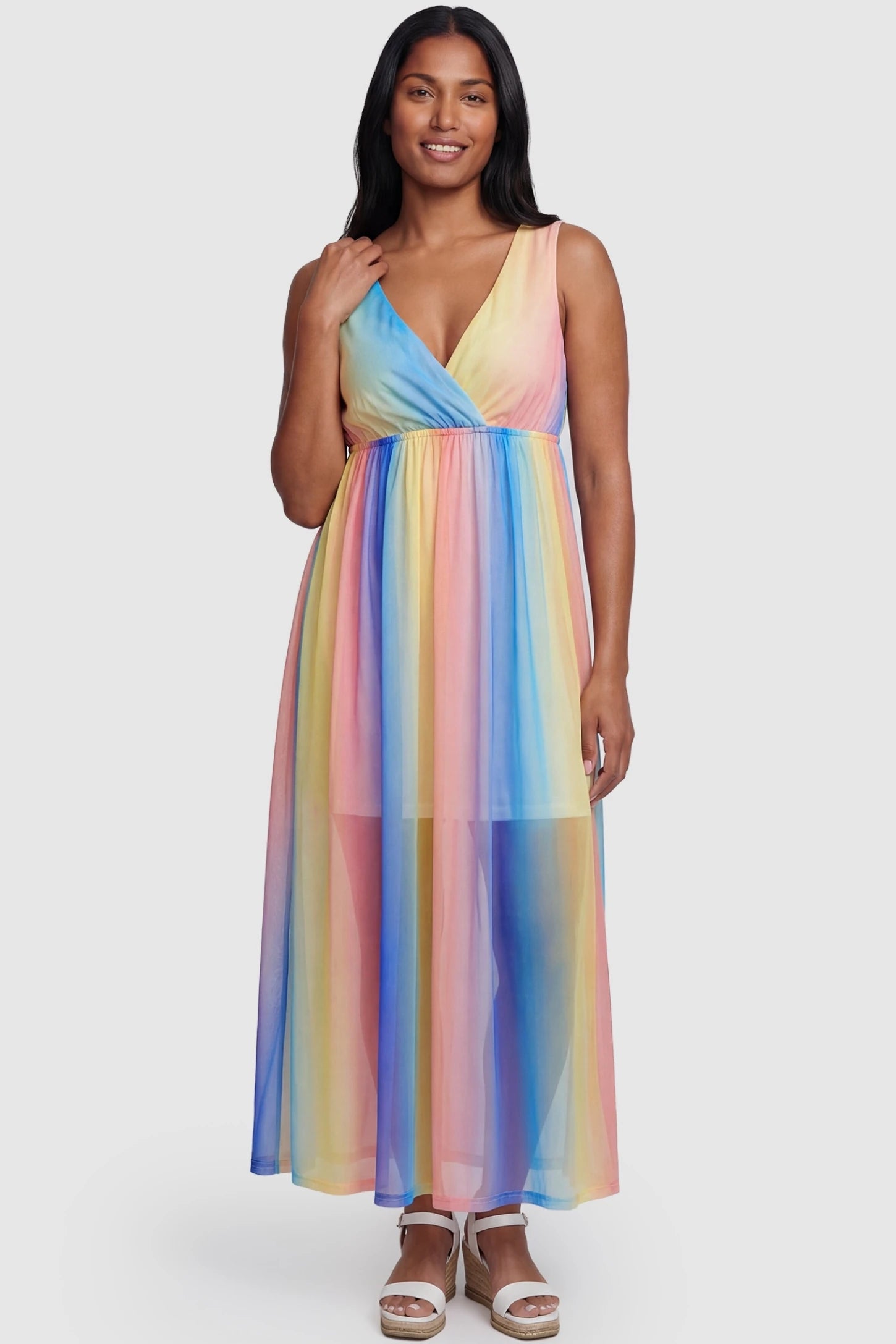 Rainbow Gradient Surplice Neck Maxi Maternity Dress Rainbow Gradient Surplice Neck Maxi Maternity Dress in a multi color maxi dress style on a non-pregnant model, front view.