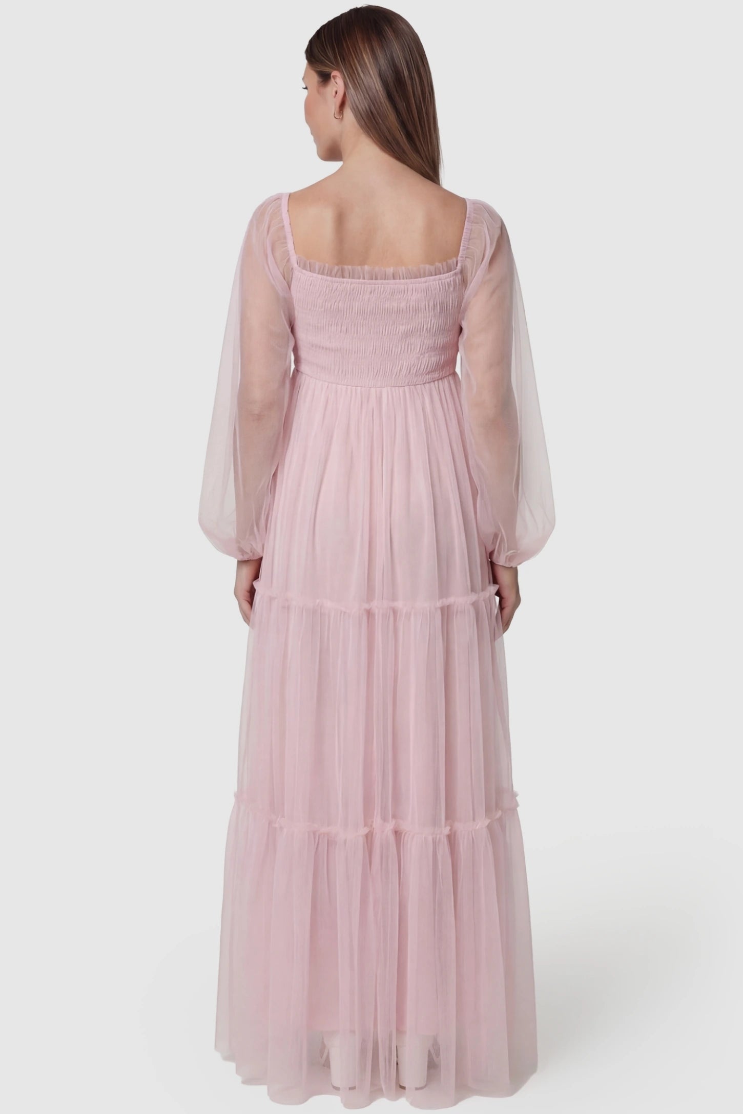 Tulle Lantern Sleeve Tiered Maternity Photoshoot Gown Tulle Lantern Sleeve Tiered Maternity Photoshoot Gown in Pink featuring a square back and back view on a pregnant model.