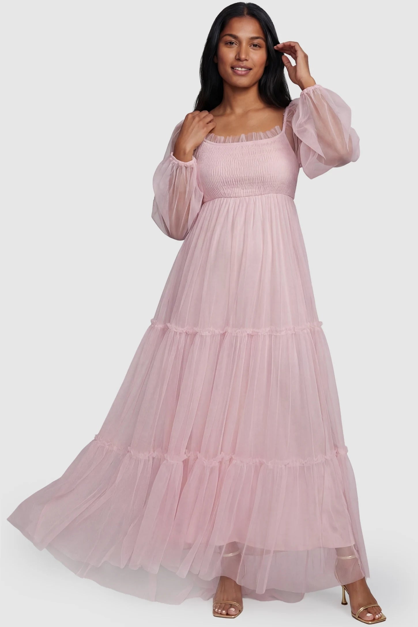 Tulle Lantern Sleeve Tiered Maternity Photoshoot Gown Tulle Lantern Sleeve Tiered Maternity Photoshoot Gown in Pink featuring a tiered tulle skirt and front view on a non-pregnant model.
