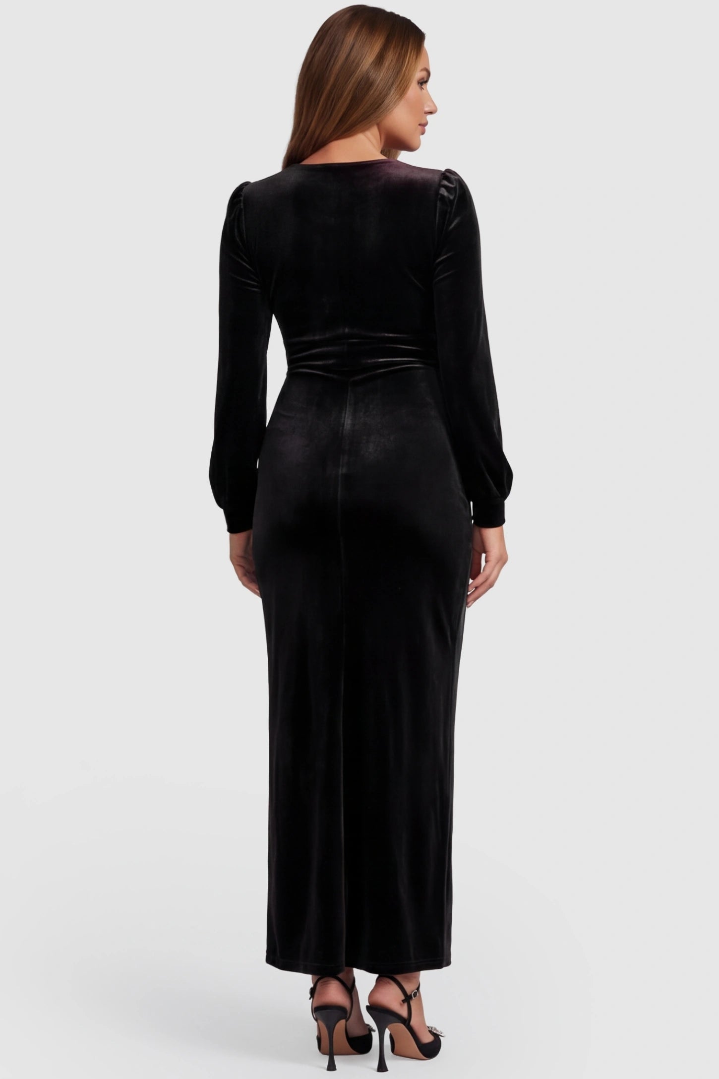 High Slit Velvet Pencil Cut Maternity Evening Dress High Slit Velvet Pencil Cut Maternity Evening Dress in Black featuring a sleek pencil silhouette on a pregnant model, back view.