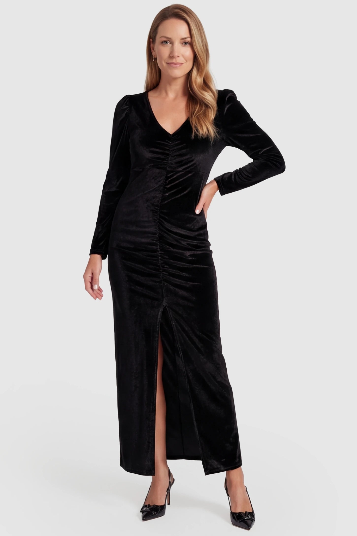 High Slit Velvet Pencil Cut Maternity Evening Dress High Slit Velvet Pencil Cut Maternity Evening Dress in Black featuring a curve-hugging fit on a postpartum model, front view.