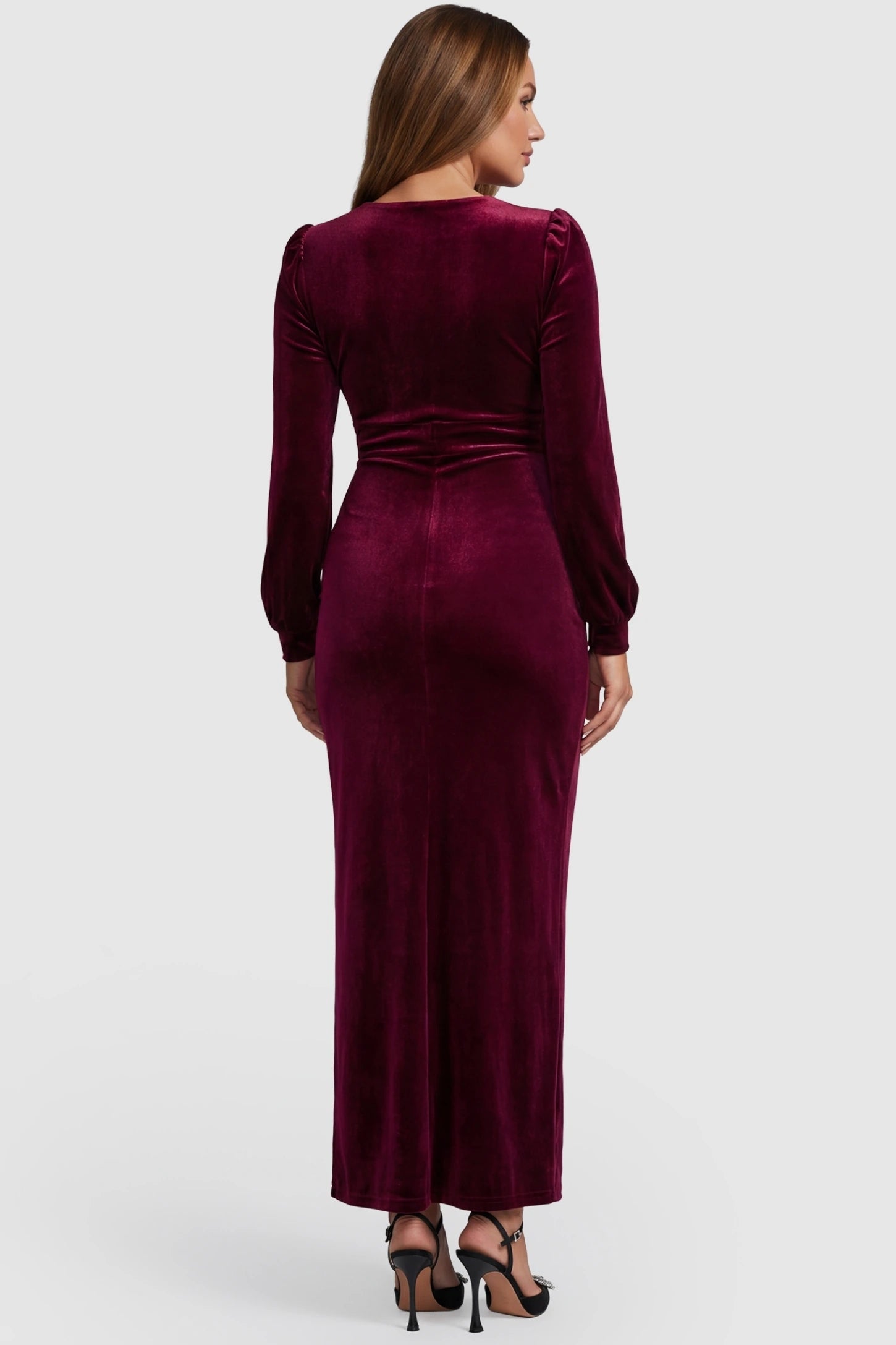 High Slit Velvet Pencil Cut Maternity Evening Dress High Slit Velvet Pencil Cut Maternity Evening Dress in Burgundy featuring a solid color design on a pregnant model, back view.