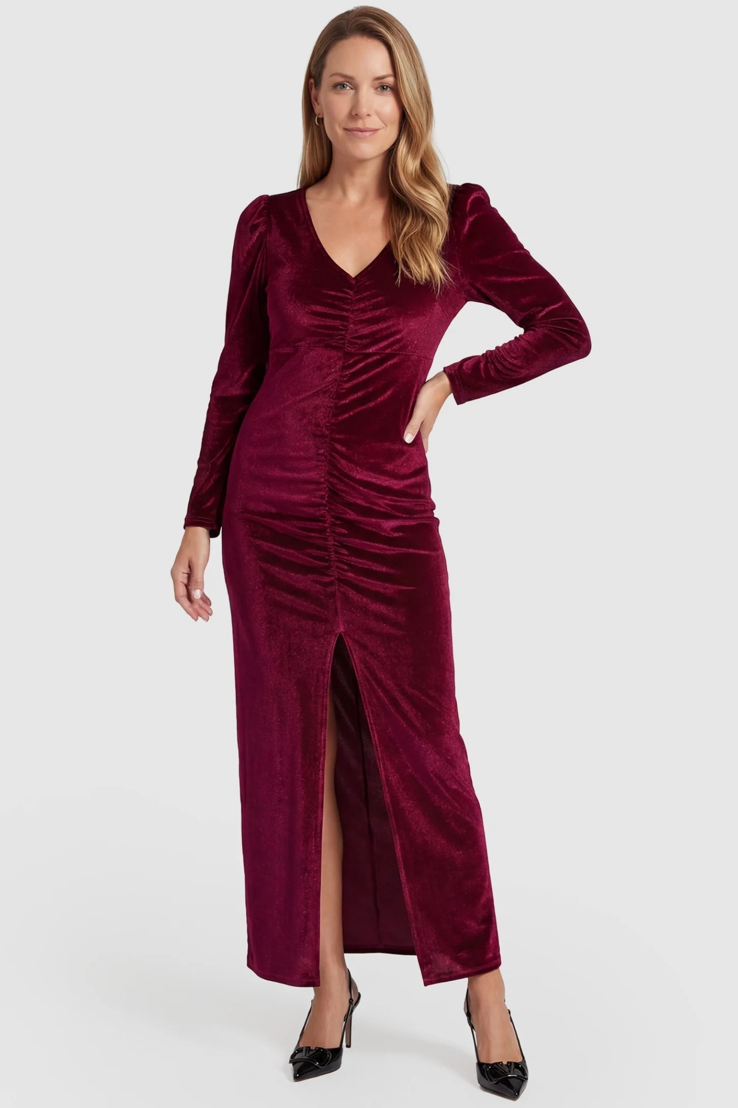 High Slit Velvet Pencil Cut Maternity Evening Dress High Slit Velvet Pencil Cut Maternity Evening Dress in Burgundy featuring a flattering V-neck on a postpartum model, front view.