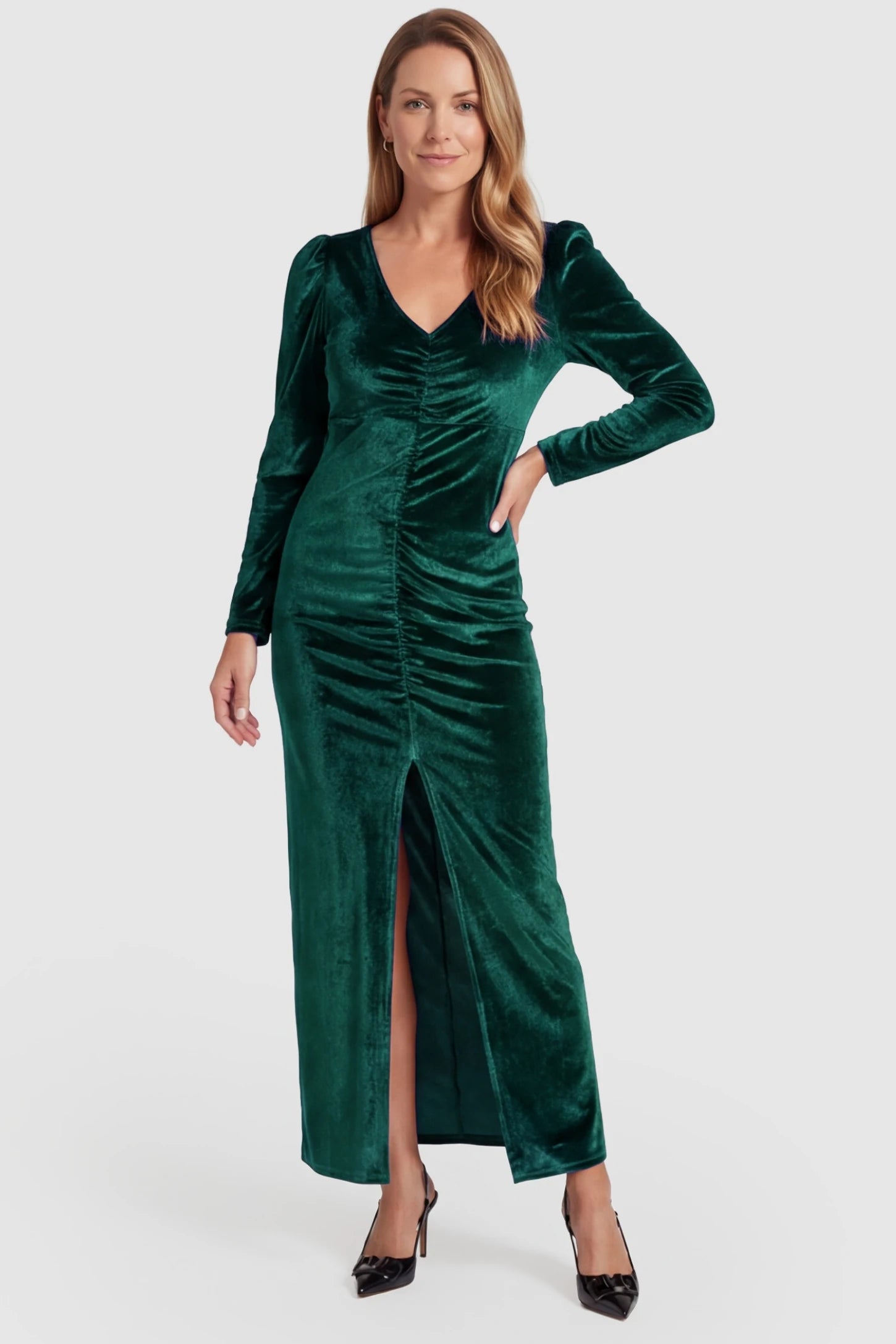 High Slit Velvet Pencil Cut Maternity Evening Dress High Slit Velvet Pencil Cut Maternity Evening Dress in Green featuring a curve-hugging fit on a postpartum model, front view.