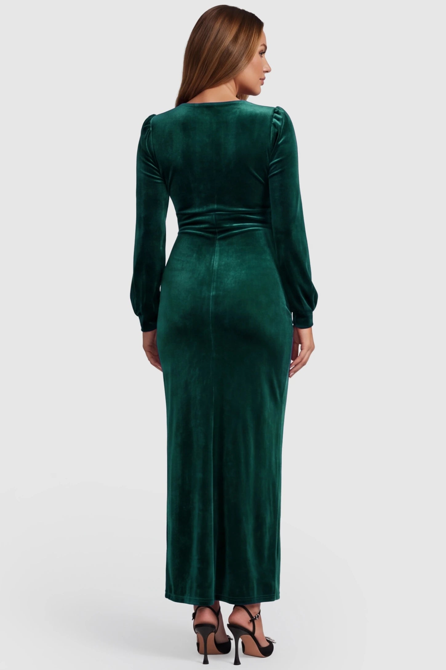 High Slit Velvet Pencil Cut Maternity Evening Dress High Slit Velvet Pencil Cut Maternity Evening Dress in Green featuring a sleek pencil silhouette on a pregnant model, back view.