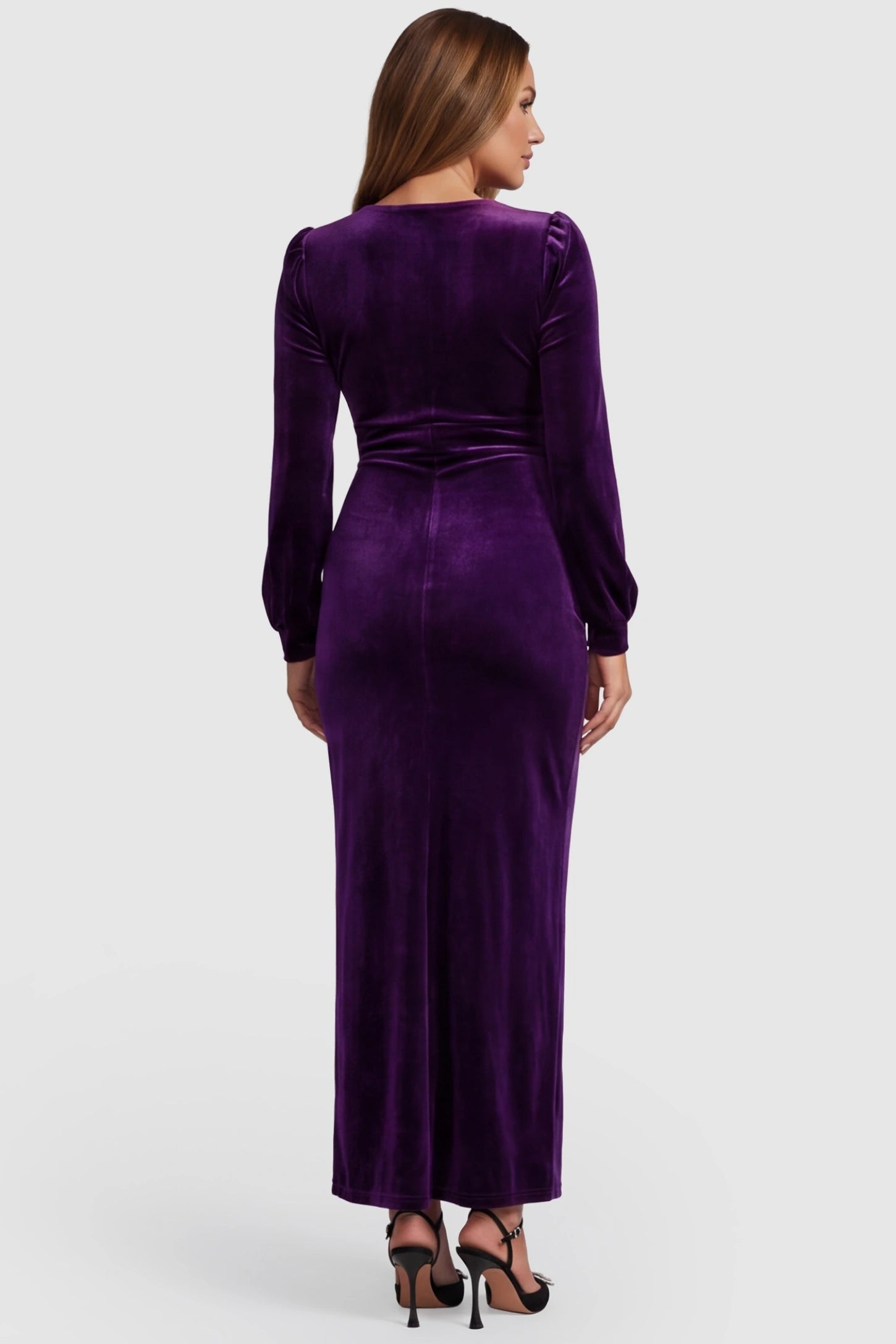 High Slit Velvet Pencil Cut Maternity Evening Dress High Slit Velvet Pencil Cut Maternity Evening Dress in Purple featuring a sleek pencil silhouette on a pregnant model, back view.