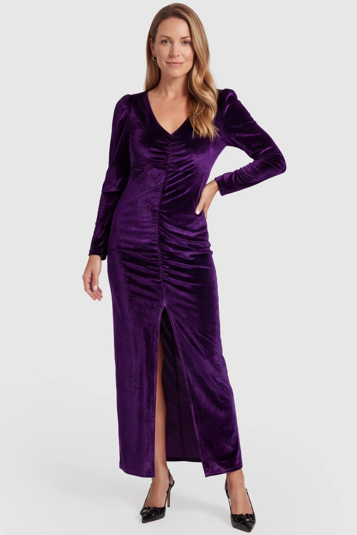 High Slit Velvet Pencil Cut Maternity Evening Dress High Slit Velvet Pencil Cut Maternity Evening Dress in Purple featuring a curve-hugging fit on a postpartum model, front view.