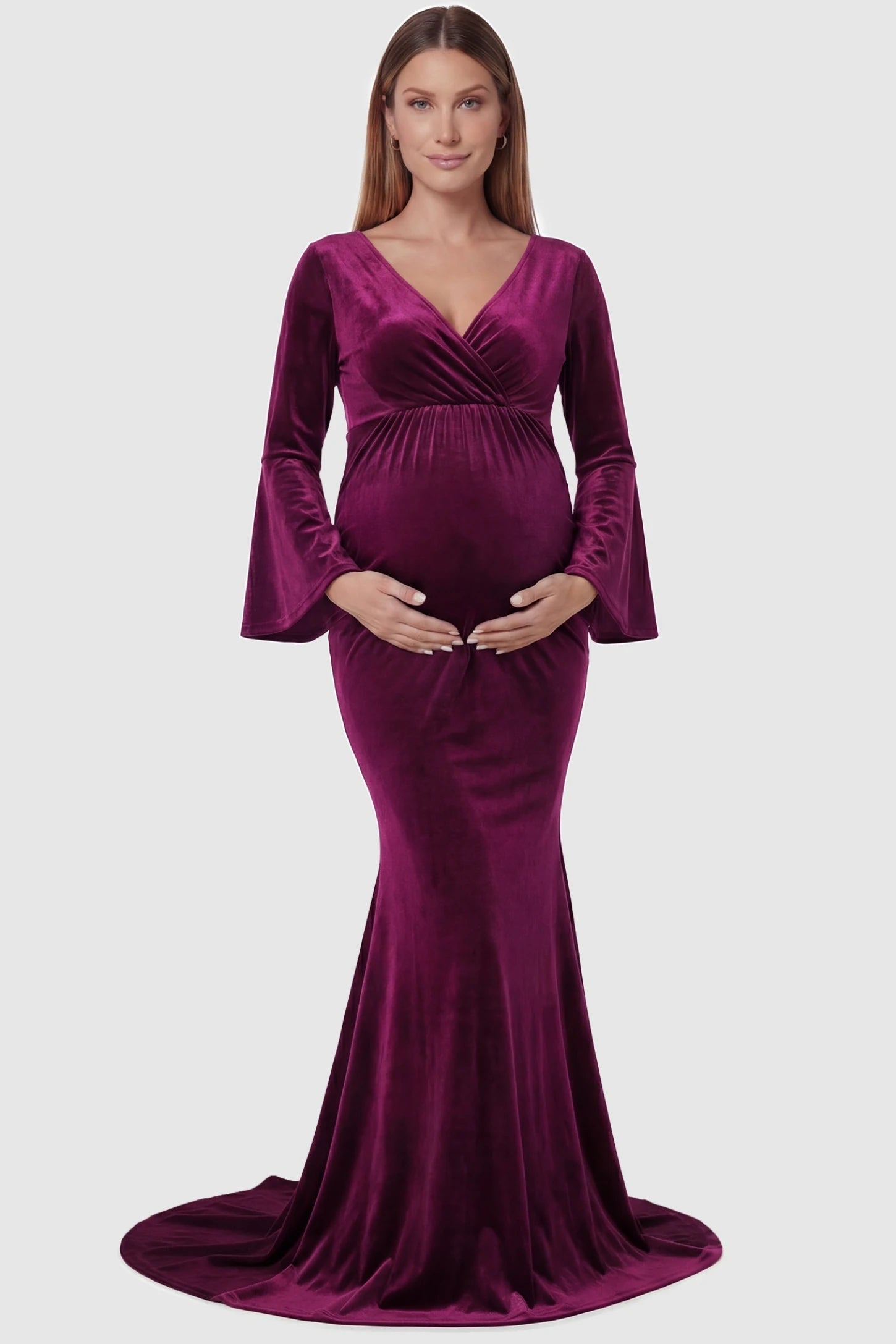 Long Bell Sleeve Maternity Mermaid Gown in Burgundy featuring a front-facing pregnant silhouette with a long train.