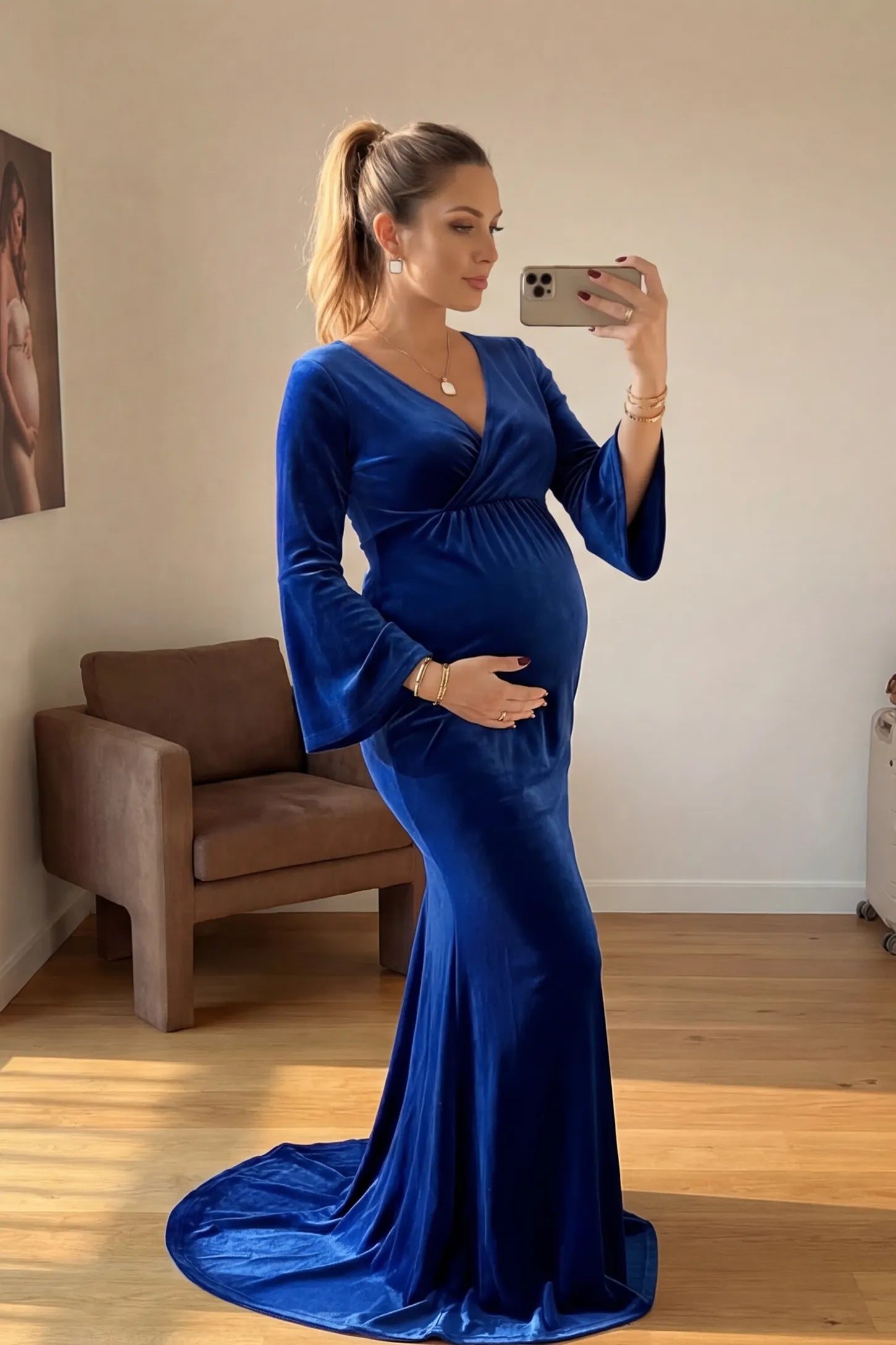 Velvet Long Bell Sleeve Maternity Mermaid Gown