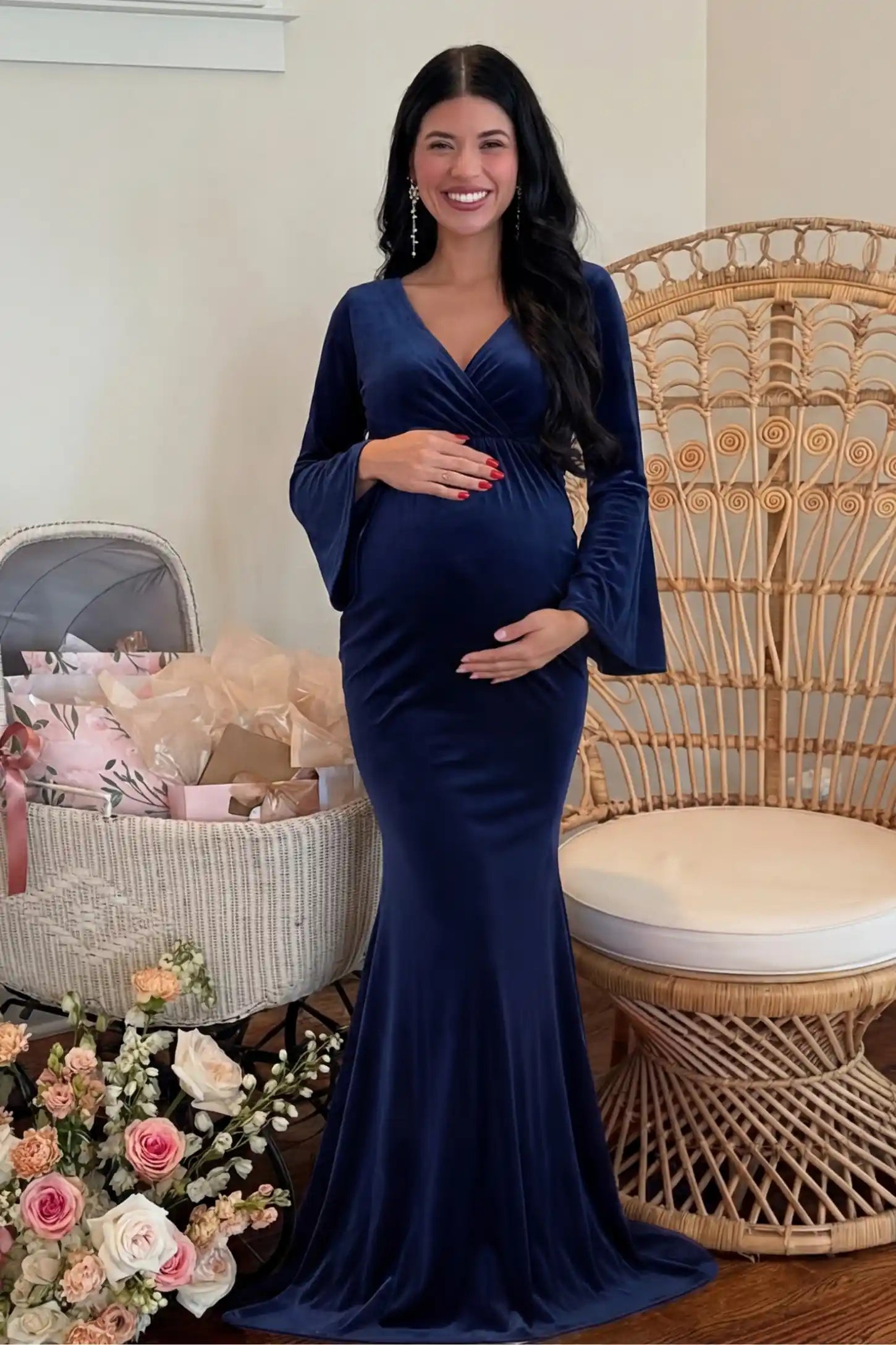 Velvet Long Bell Sleeve Maternity Mermaid Gown Velvet Long Bell Sleeve Maternity Mermaid Gown in Dark Blue featuring a front-facing pregnant silhouette with a long train.