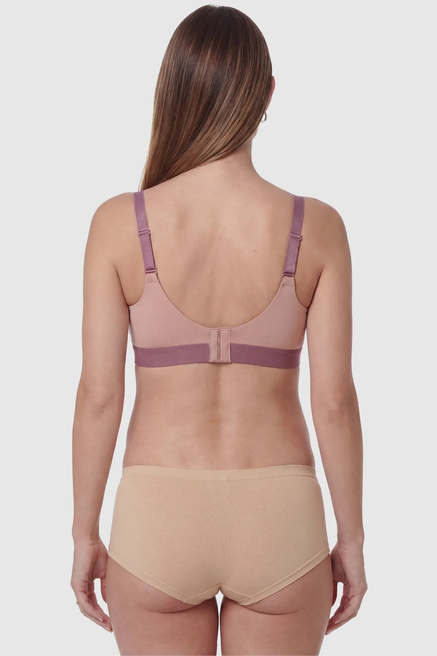 Wireless Front-Open Lace Maternity Nursing Bra Wireless Front-Open Lace Maternity Nursing Bra in Bean Paste featuring a breathable U-shaped back on a pregnant model, back view.