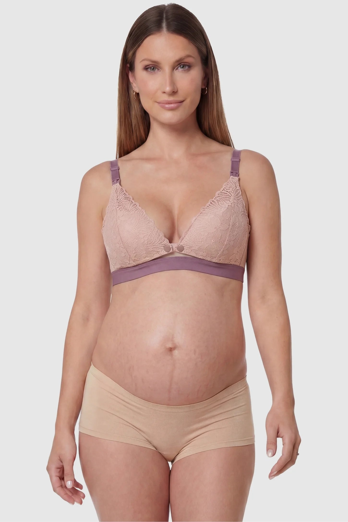 Wireless Front-Open Lace Maternity Nursing Bra Wireless Front-Open Lace Maternity Nursing Bra in Bean Paste featuring a 3D stereo cup on a pregnant model, front view.