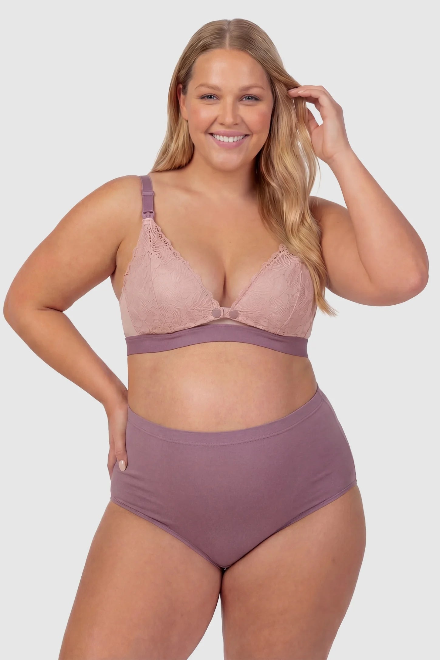 Wireless Front-Open Lace Maternity Nursing Bra Wireless Front-Open Lace Maternity Nursing Bra in Skin featuring quick-access nursing buckles on a plus size model, front view.
