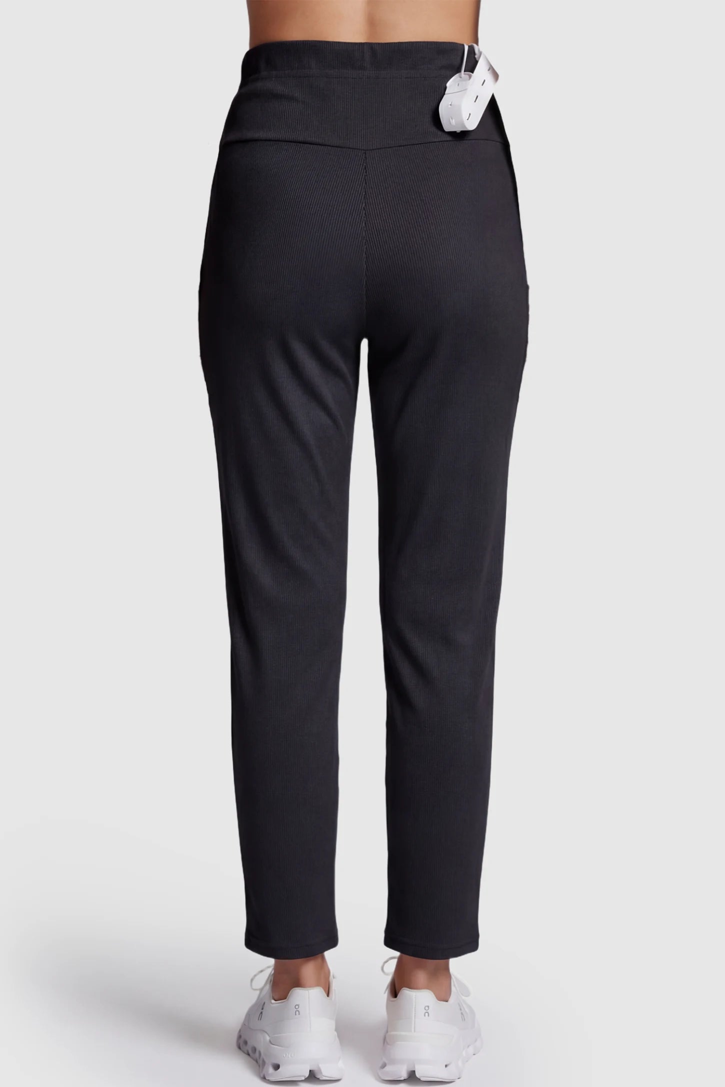 Adjustable Elastic Waist Straight Leg Maternity Pants Straight Leg Maternity Pants in Black featuring an adjustable elastic waist on a pregnant model showing back.