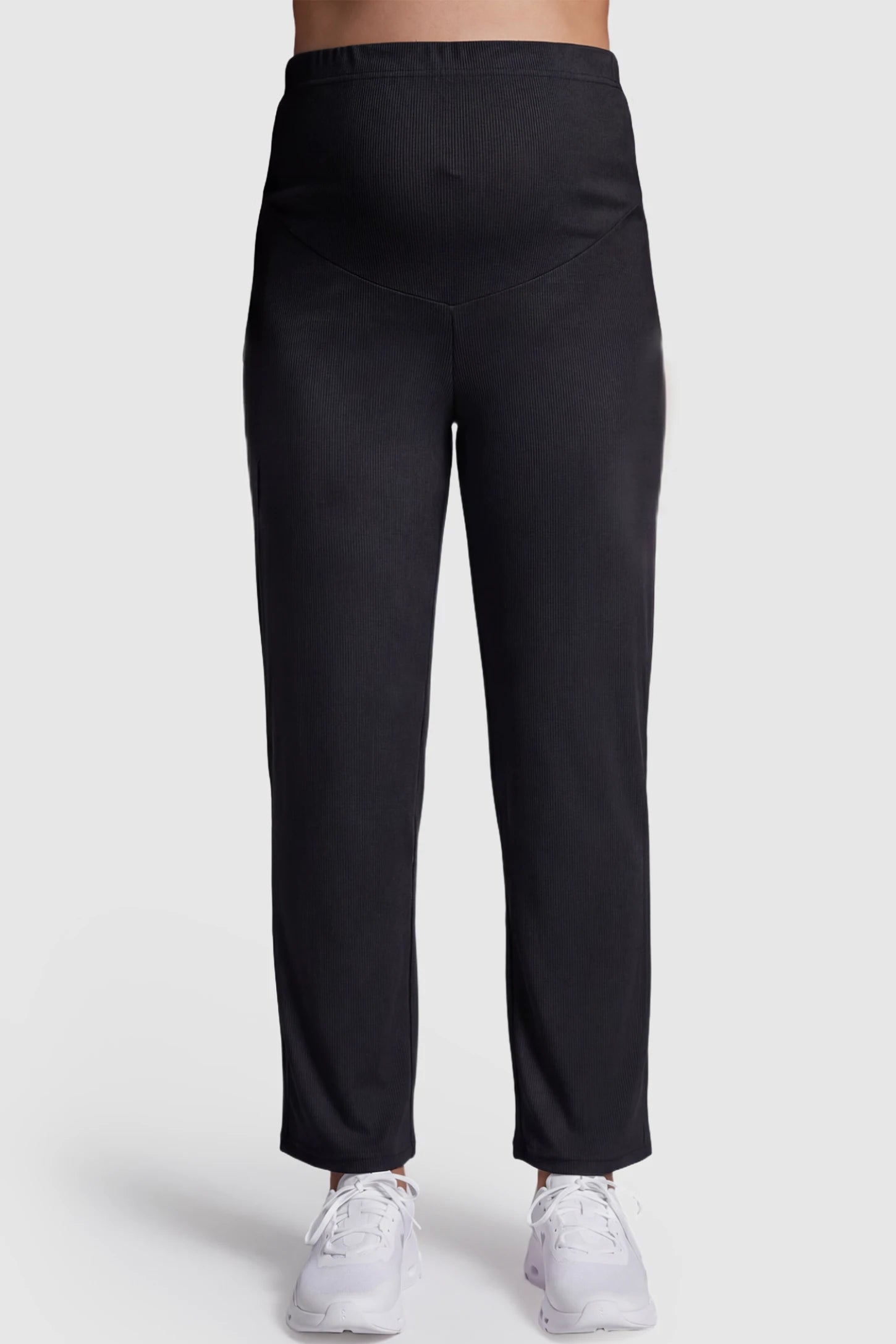 Adjustable Elastic Waist Straight Leg Maternity Pants Straight Leg Maternity Pants in Black featuring an adjustable elastic waist on a pregnant model showing front.