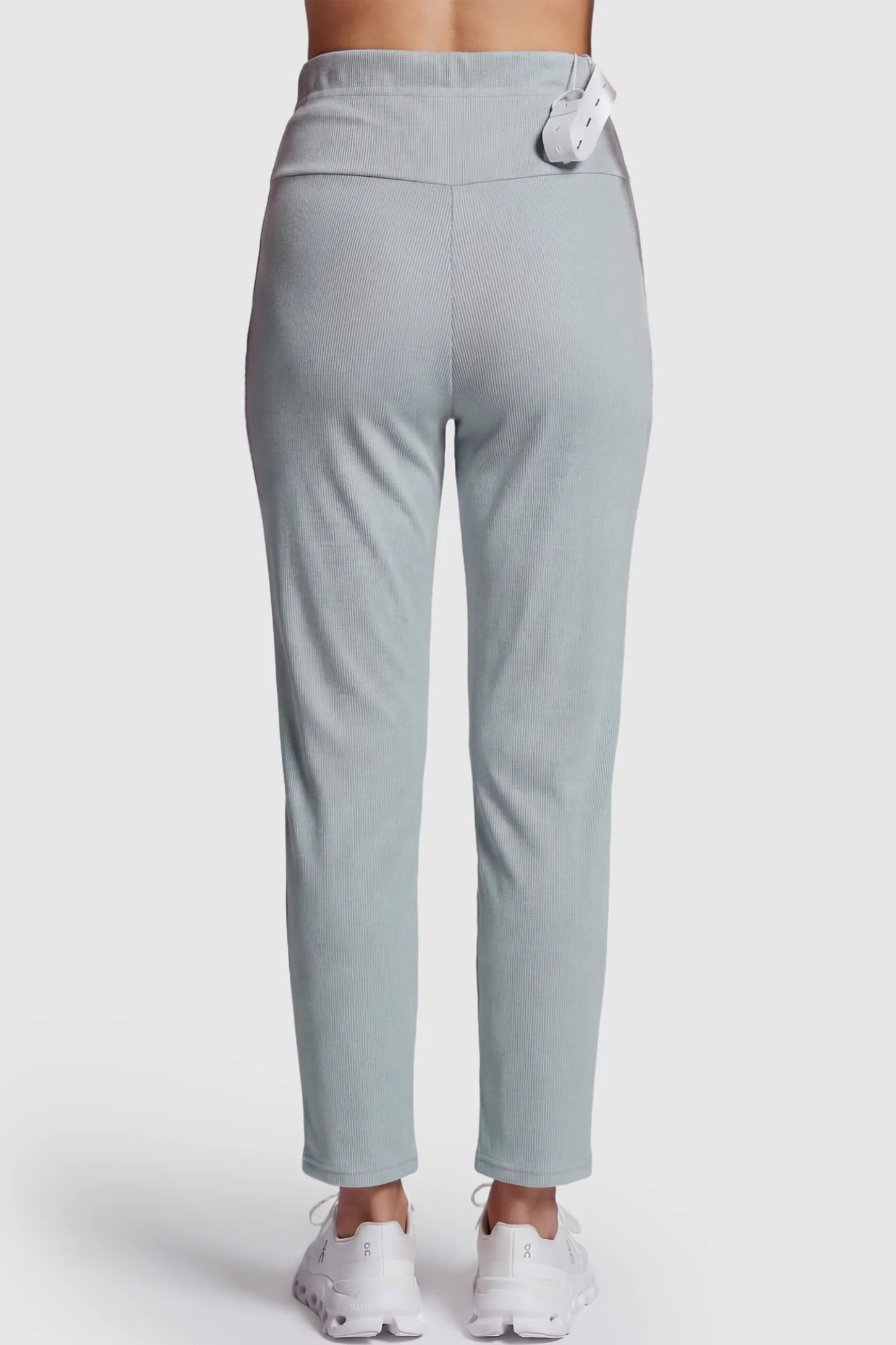 Adjustable Elastic Waist Straight Leg Maternity Pants Straight Leg Maternity Pants in green featuring an adjustable elastic waist on a pregnant model showing back.