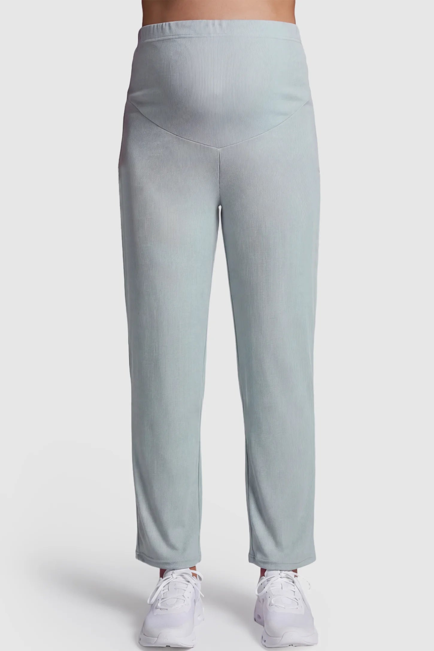 Adjustable Elastic Waist Straight Leg Maternity Pants Straight Leg Maternity Pants in green featuring an adjustable elastic waist on a pregnant model showing front.