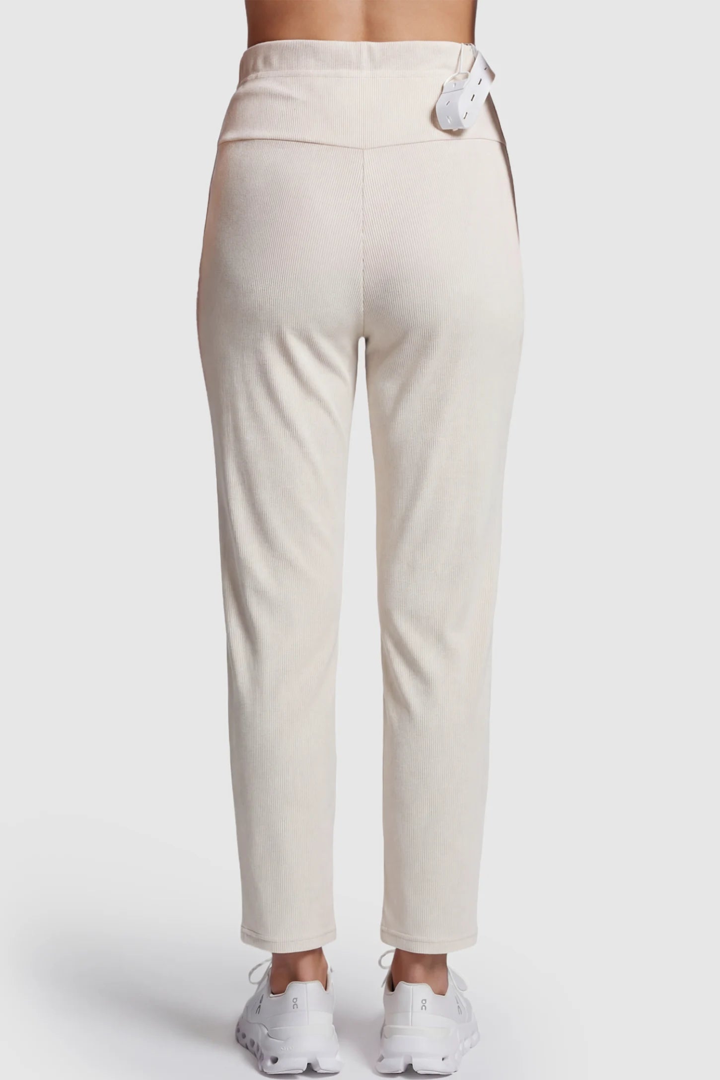 Adjustable Elastic Waist Straight Leg Maternity Pants Straight Leg Maternity Pants in light apricot featuring an adjustable elastic waist on a pregnant model showing back.