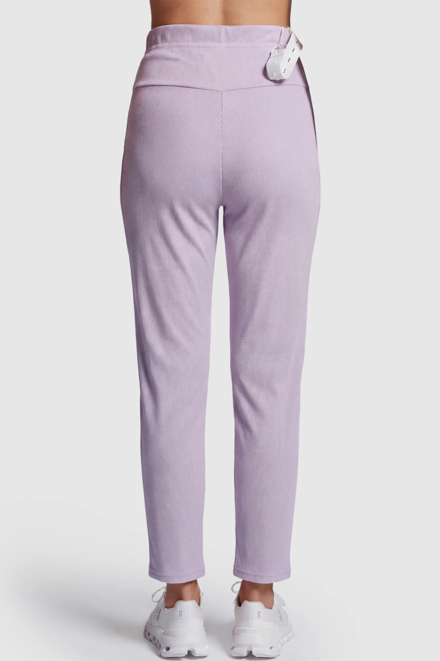 Adjustable Elastic Waist Straight Leg Maternity Pants Straight Leg Maternity Pants in light purple featuring an adjustable elastic waist on a pregnant model showing back.