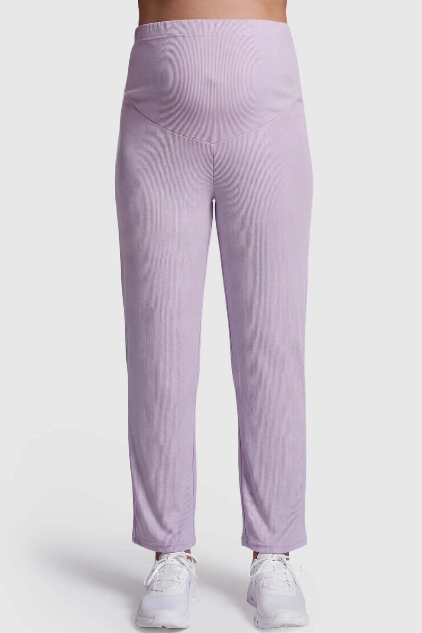 Adjustable Elastic Waist Straight Leg Maternity Pants Straight Leg Maternity Pants in light purple featuring an adjustable elastic waist on a pregnant model showing front.