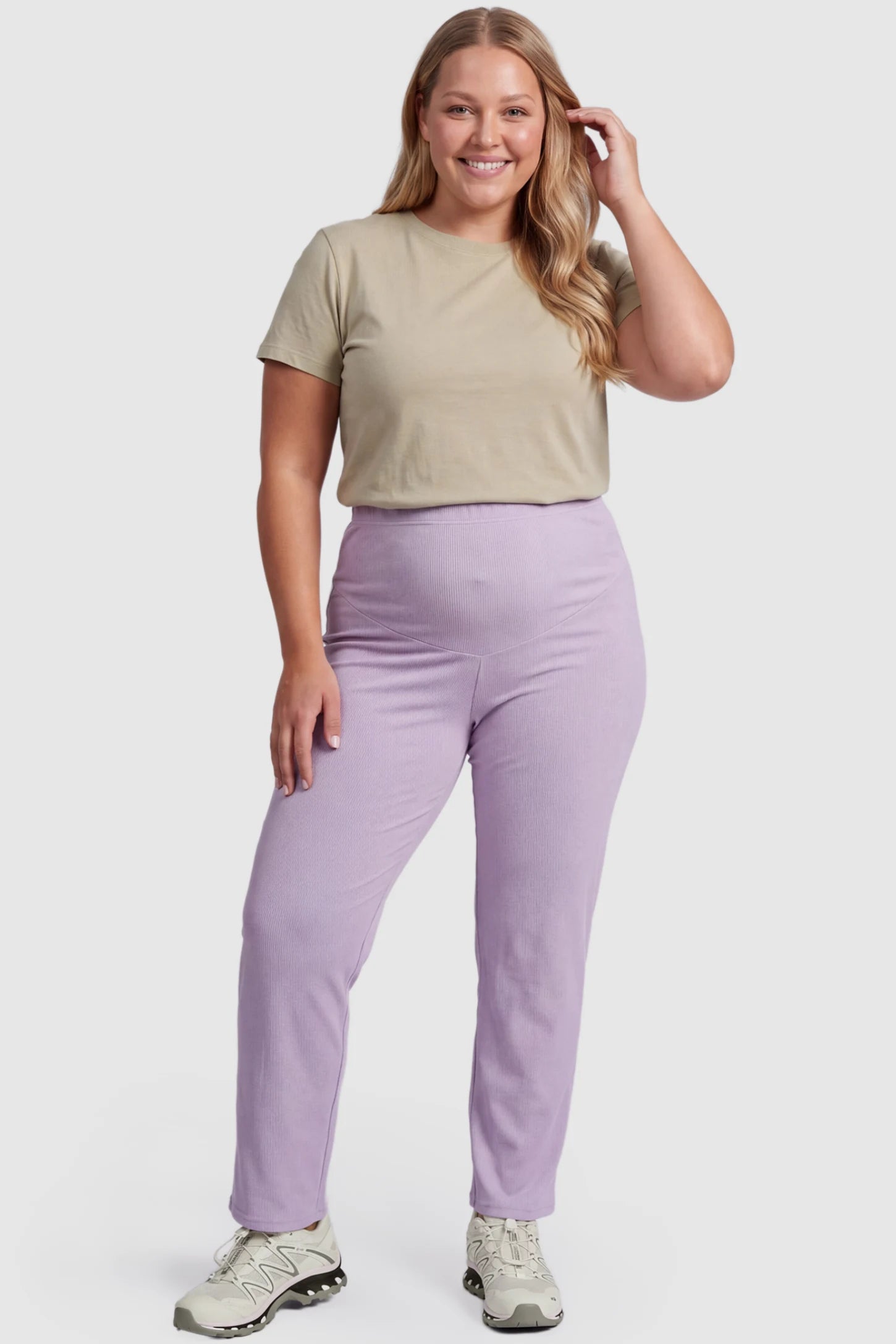 Adjustable Elastic Waist Straight Leg Maternity Pants Straight Leg Maternity Pants in light purple featuring an adjustable elastic waist on a plus size pregnant model, front view.