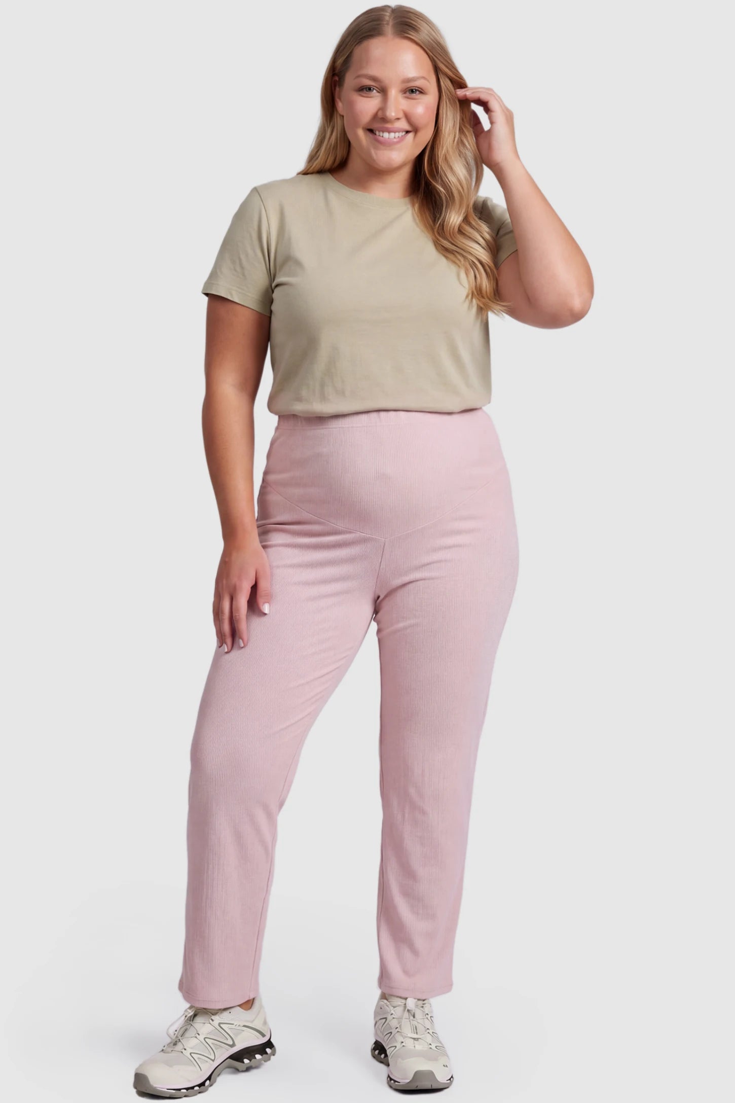 Adjustable Elastic Waist Straight Leg Maternity Pants Straight Leg Maternity Pants in pink featuring an adjustable elastic waist on a plus size pregnant model, front view.