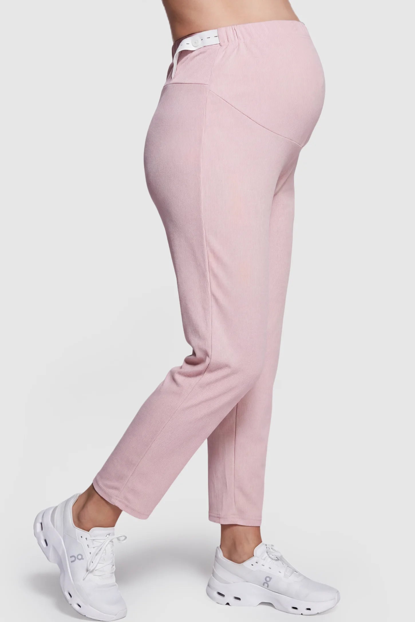 Adjustable Elastic Waist Straight Leg Maternity Pants Straight Leg Maternity Pants in pink featuring an adjustable elastic waist on a pregnant model showing side.