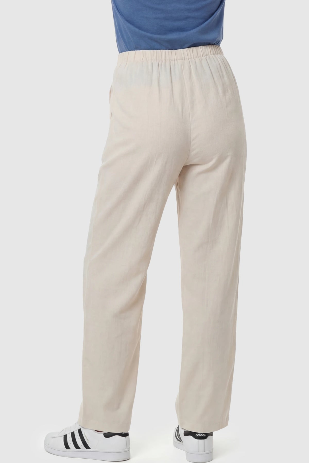 Adjustable Elastic Waist Wide Leg Maternity Pants Adjustable Elastic Waist Wide-Leg Maternity Pants in Beige featuring wide leg on a pregnant model showing back.