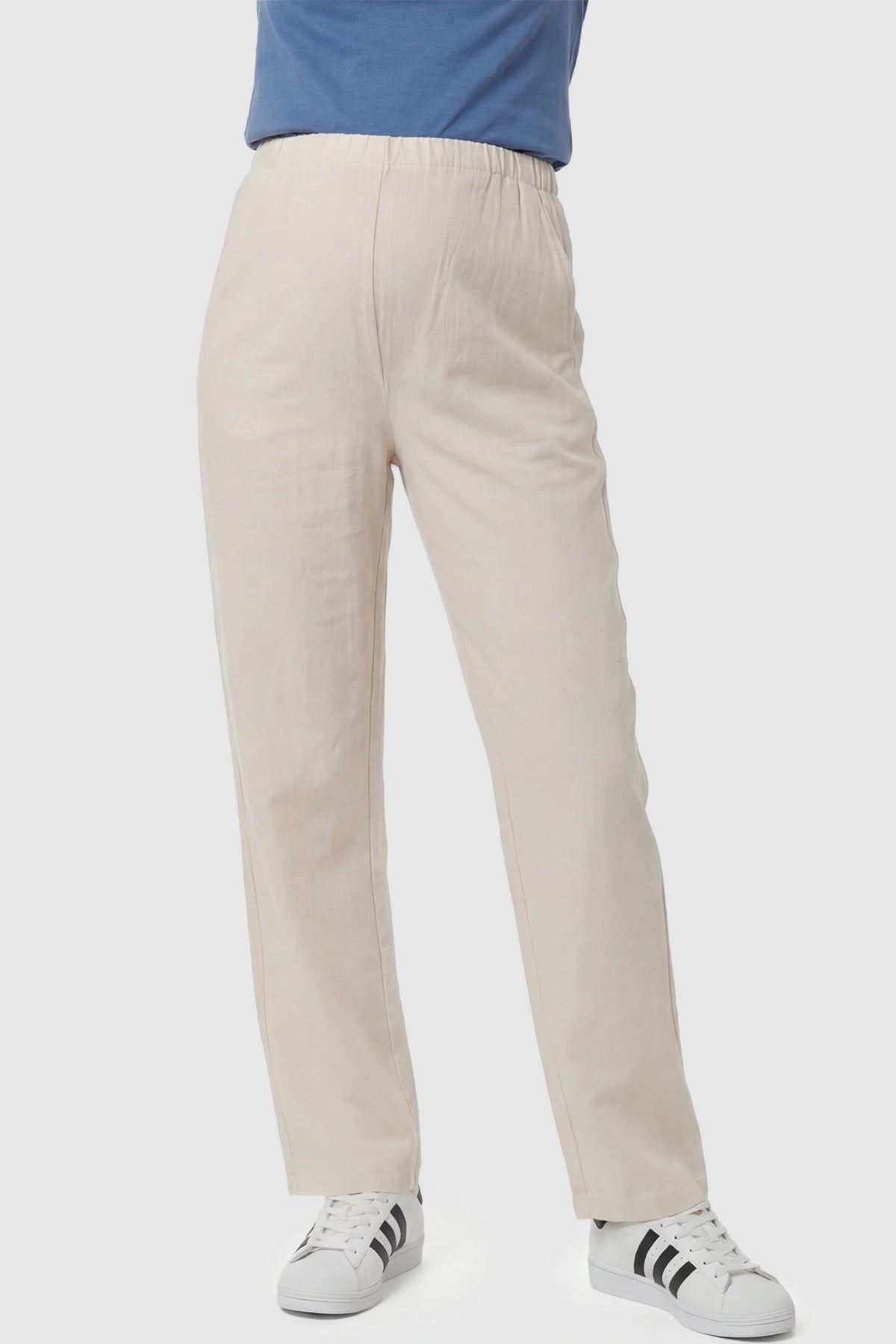 Adjustable Elastic Waist Wide Leg Maternity Pants Adjustable Elastic Waist Wide-Leg Maternity Pants in Beige featuring a customizable button-hole waistband on a pregnant model showing front.