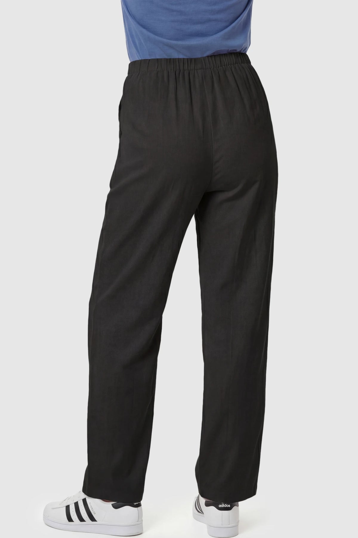 Adjustable Elastic Waist Wide Leg Maternity Pants Adjustable Elastic Waist Wide-Leg Maternity Pants in Black featuring wide leg on a pregnant model showing back.