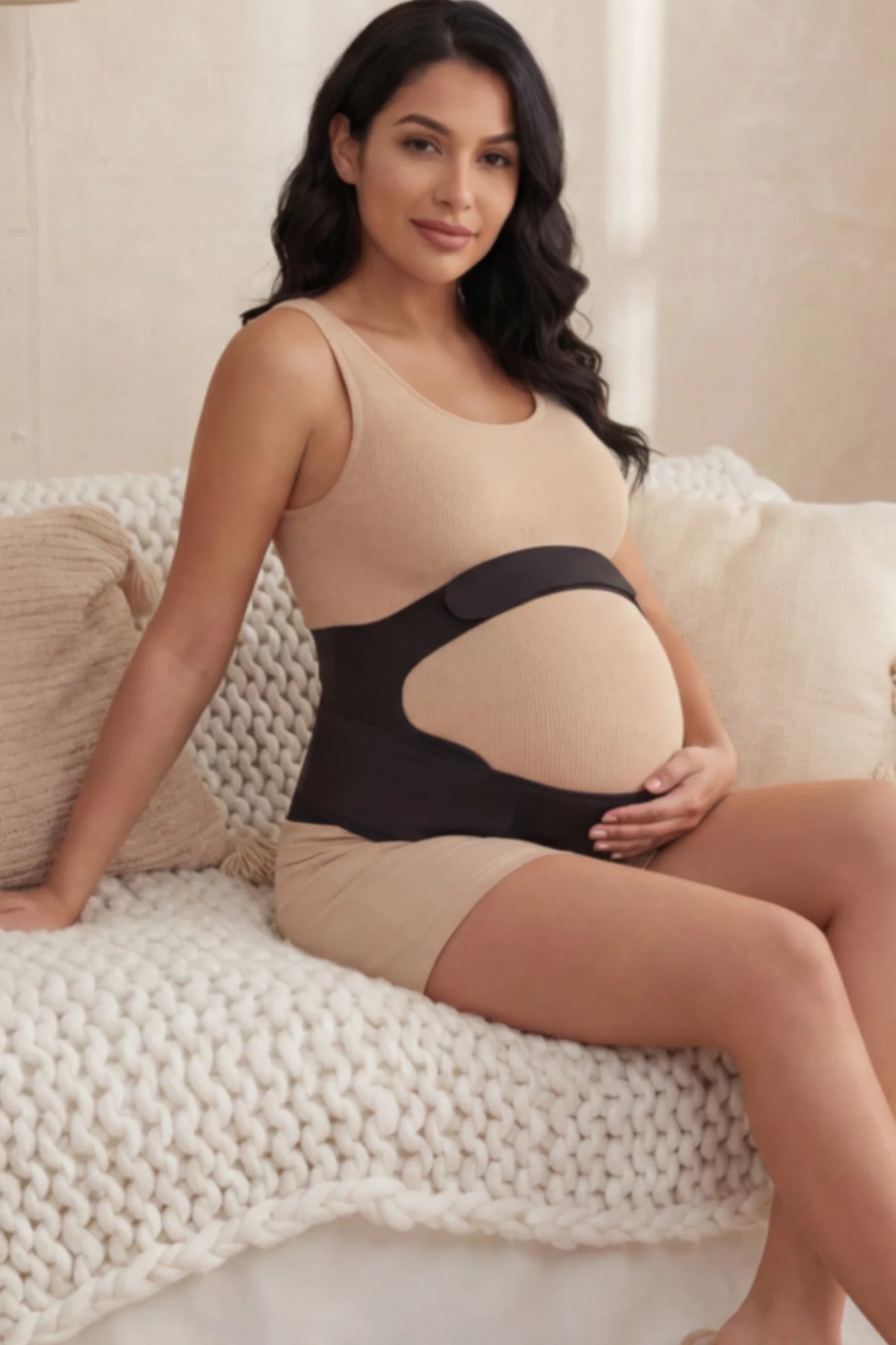 Adjustable Ergonomic Maternity Belly Support Band Adjustable Ergonomic Maternity Belly Support Band in Black featuring an adjustable ergonomic dual-strap design on a pregnant woman.