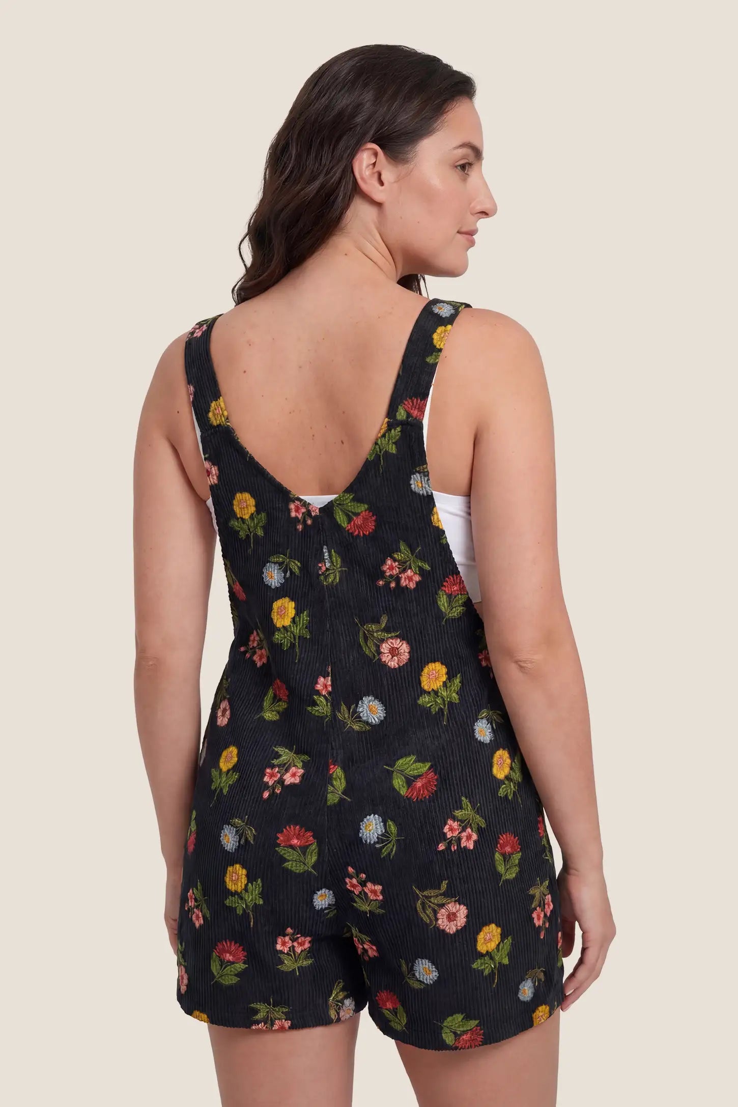 Adjustable Waist Front Pocket Maternity Short Overalls Back view of the black floral Adjustable Waist Front Pocket Maternity Short Overalls with adjustable straps and a relaxed fit.
