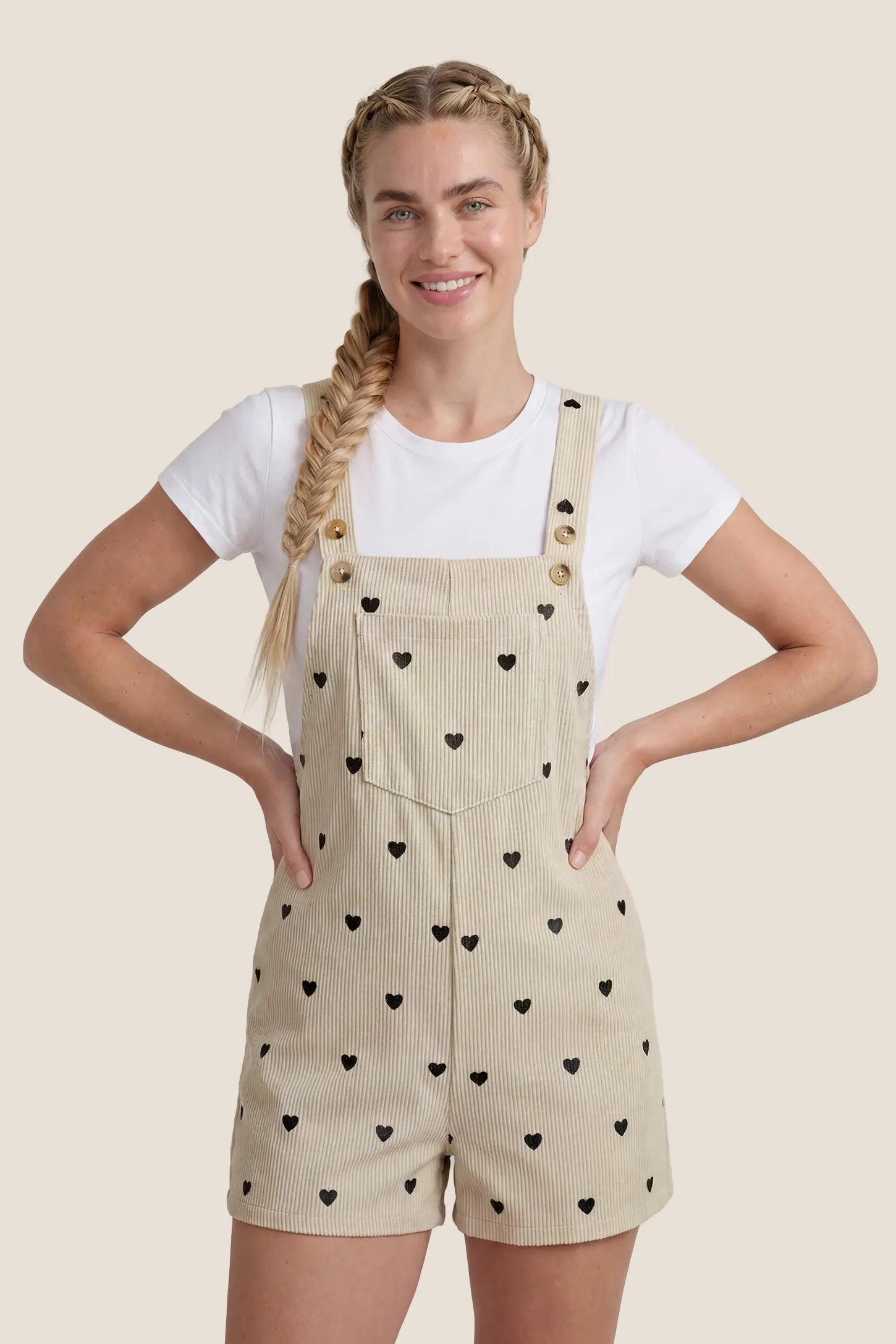 Adjustable Waist Front Pocket Maternity Short Overalls Postpartum front view of the black Adjustable Waist Front Pocket Maternity Short Overalls with a relaxed and flattering fit.