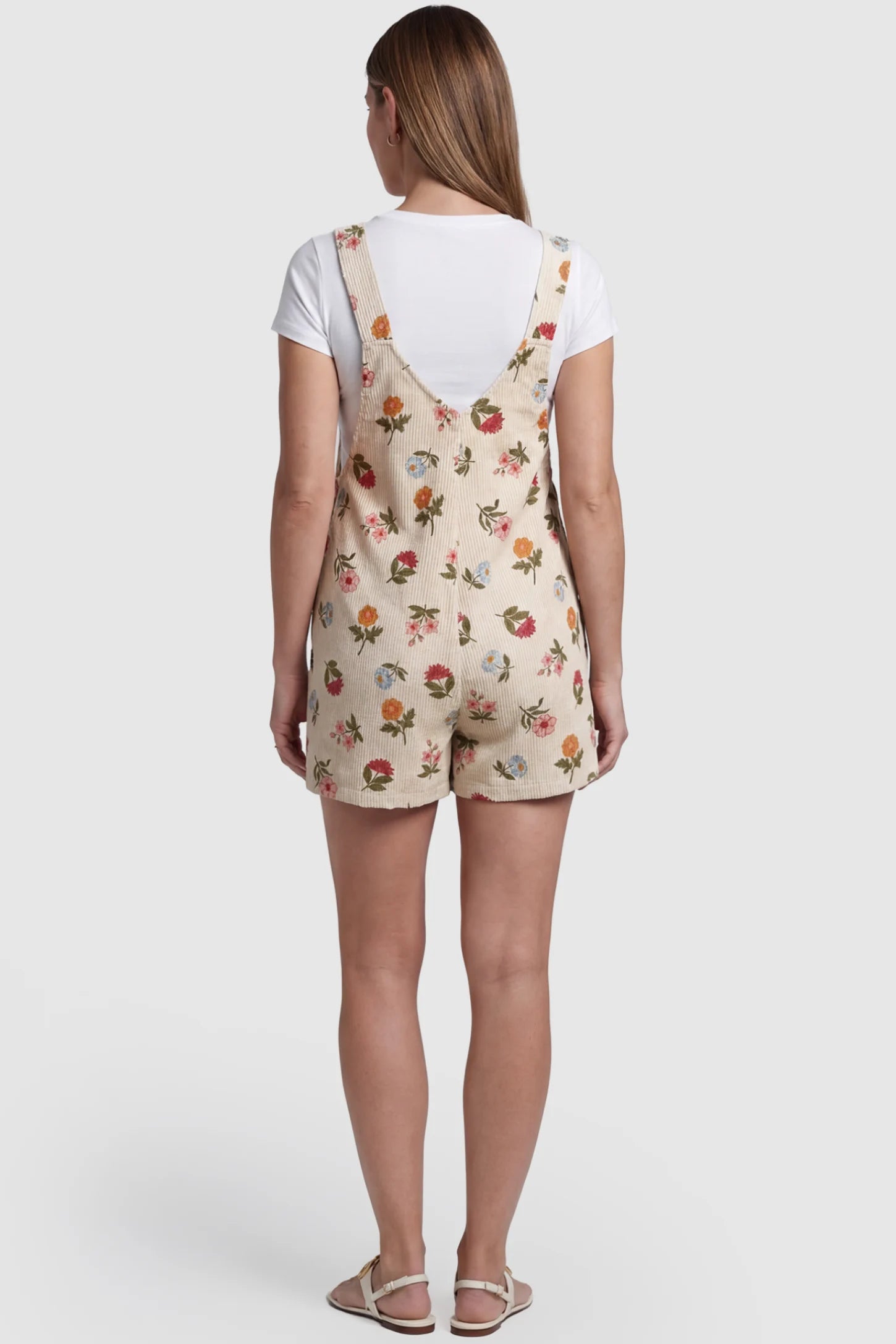 Adjustable Waist Front Pocket Maternity Short Overalls Adjustable Waist Front Pocket Maternity Short Overalls in floral featuring cross-back straps on a pregnant model, back view.