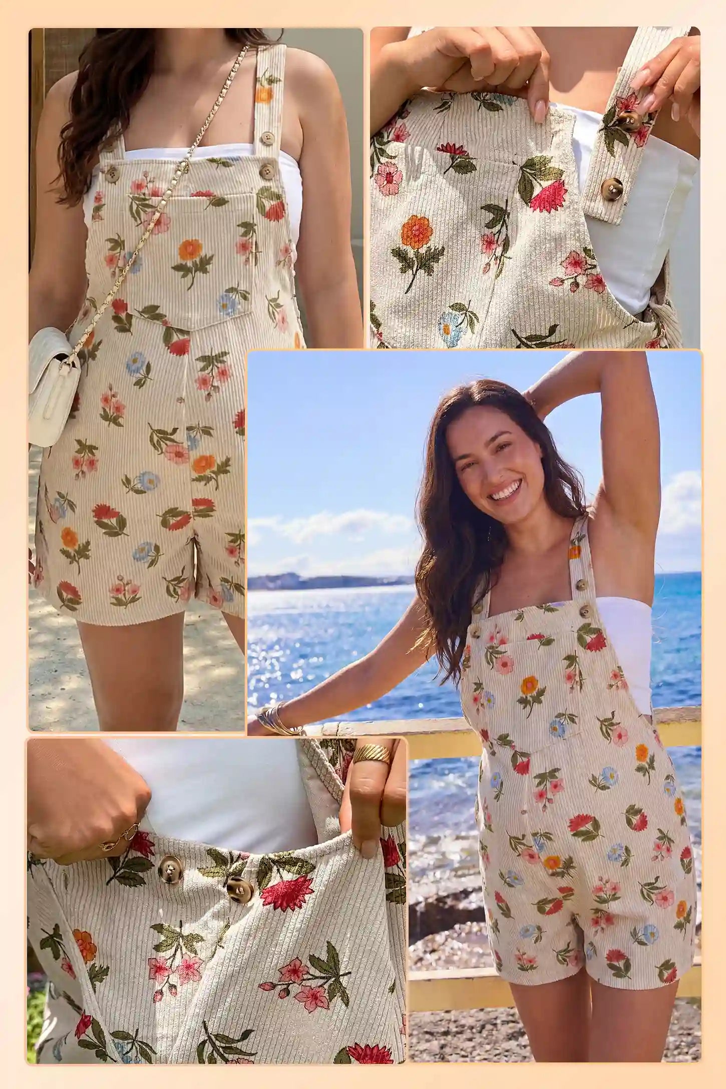 Adjustable Waist Front Pocket Maternity Short Overalls Lifestyle collage of the floral Adjustable Waist Front Pocket Maternity Short Overalls showing print details and fit.
