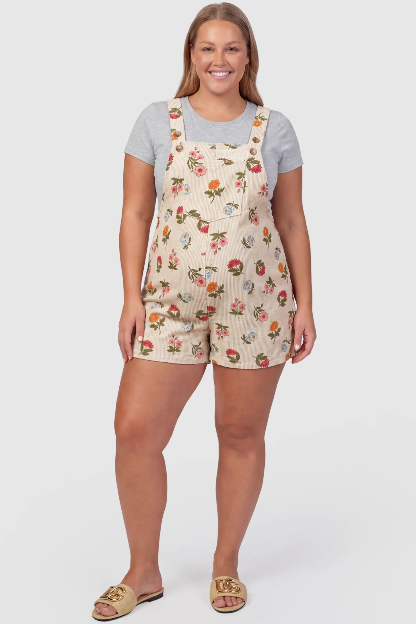 Adjustable Waist Front Pocket Maternity Short Overalls Adjustable Waist Front Pocket Maternity Short Overalls in floral featuring an adjustable waist and front bib pocket on a plus size pregnant model, front view.