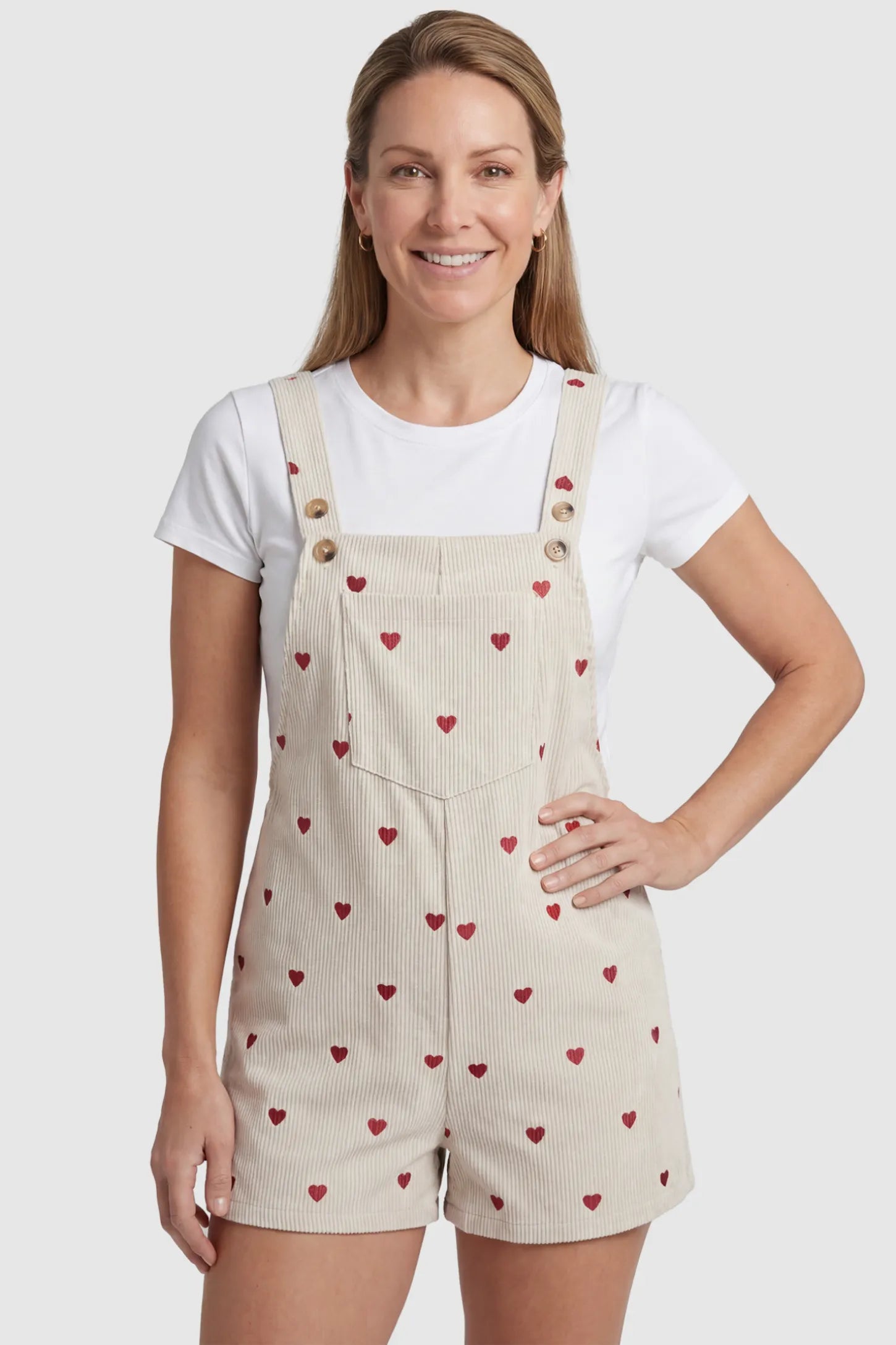 Adjustable Waist Front Pocket Maternity Short Overalls Adjustable Waist Front Pocket Maternity Short Overalls in red featuring an adjustable waist and front bib pocket on a postpartum model, front view.