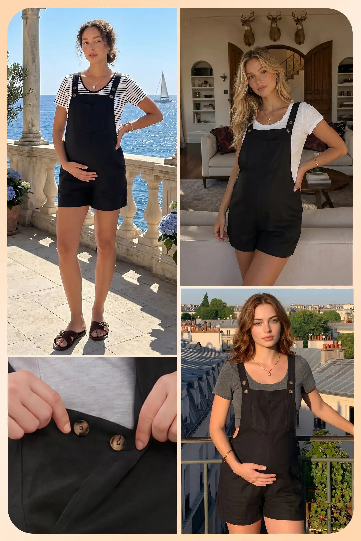 Adjustable Waist Pocketed Maternity Short Overalls Lifestyle collage of the black Adjustable Waist Pocketed Maternity Short Overalls showing outfit styling and design details.