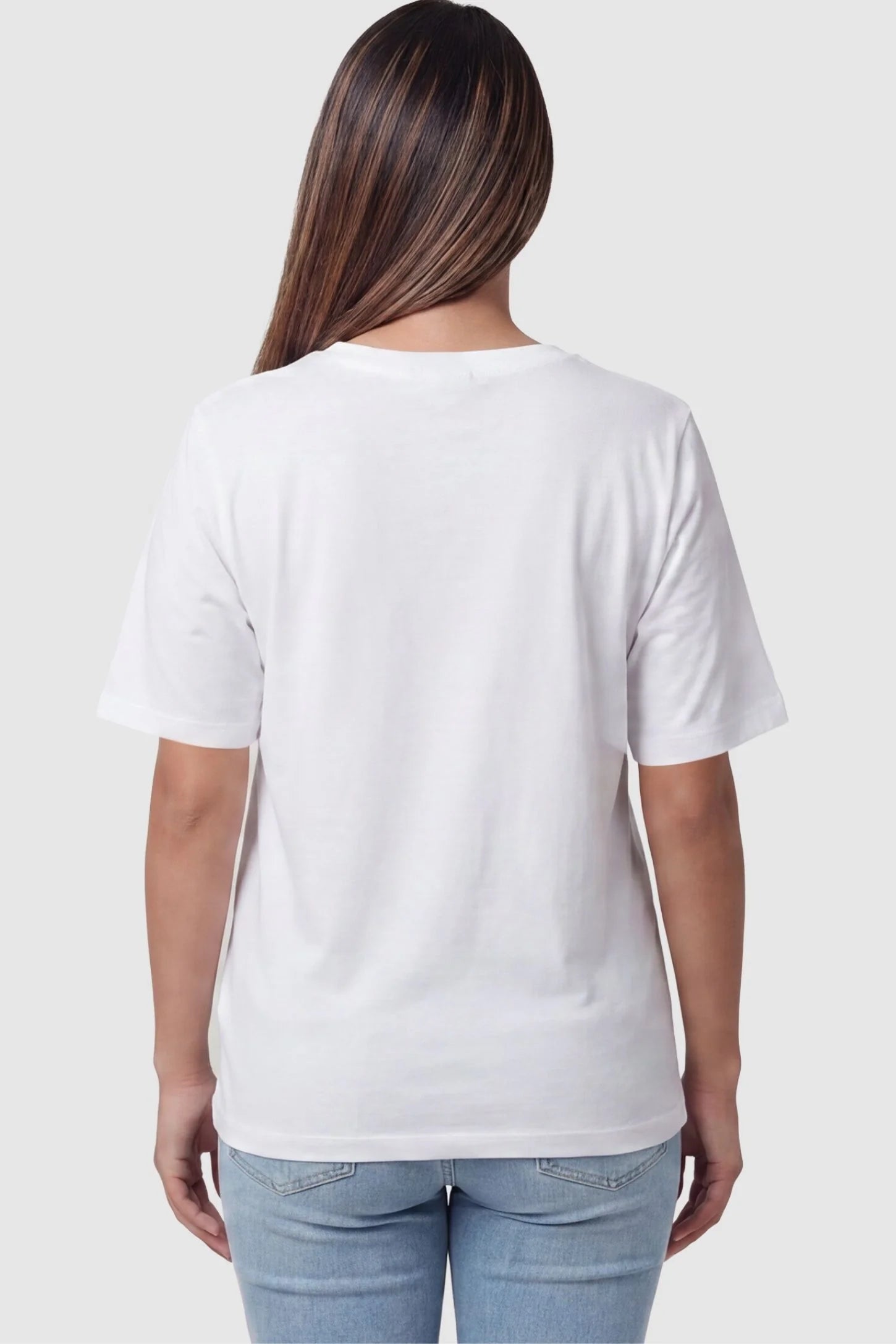 Asymmetrical Hem Relaxed Short Sleeve Maternity Top Back view of Asymmetrical Hem Relaxed Short Sleeve Maternity Top in White featuring a clean crew neckline on a pregnant model.