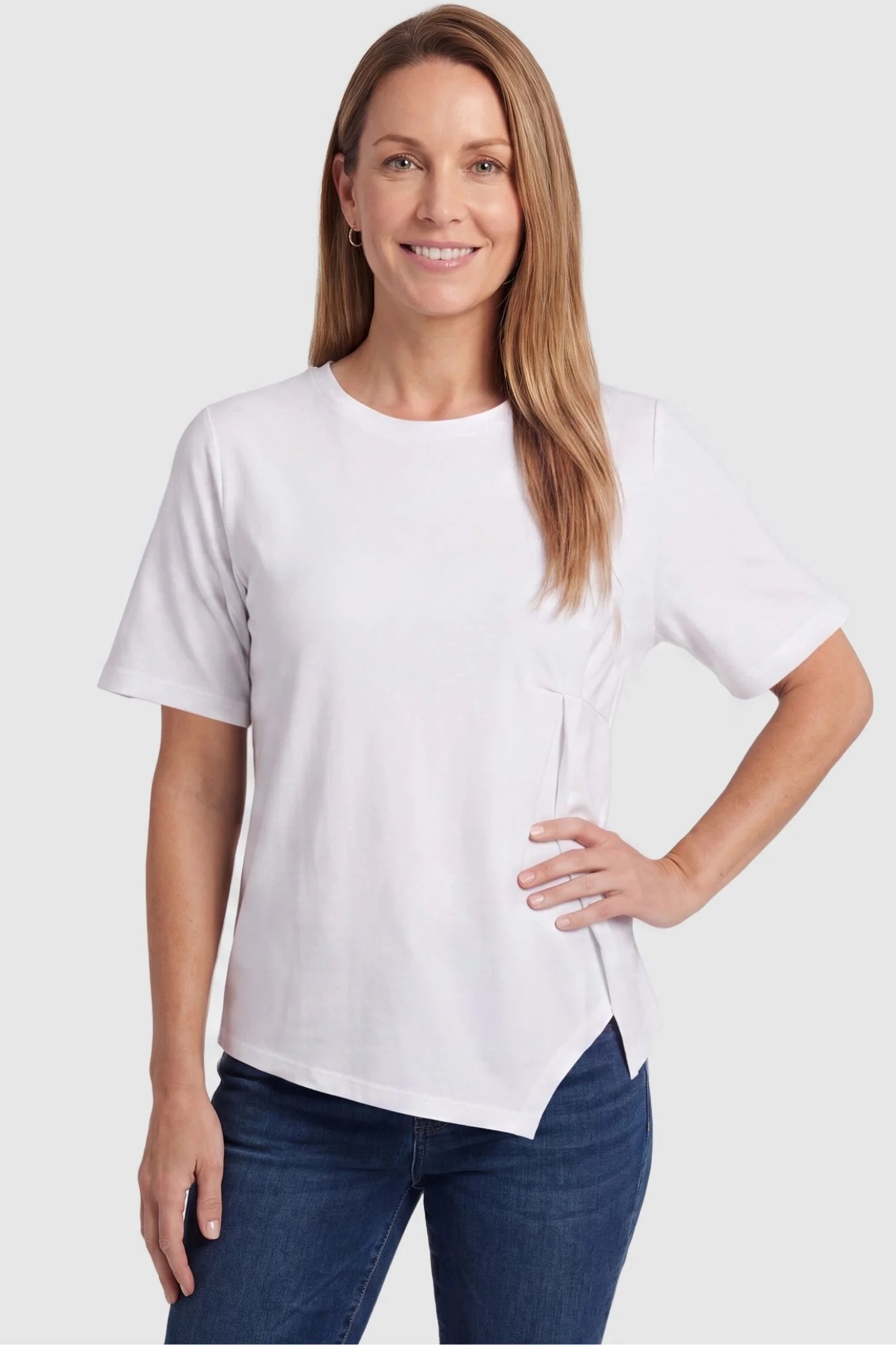 Asymmetrical Hem Relaxed Short Sleeve Maternity Top Front view of Asymmetrical Hem Relaxed Short Sleeve Maternity Top in White featuring a relaxed fit on a postpartum model.