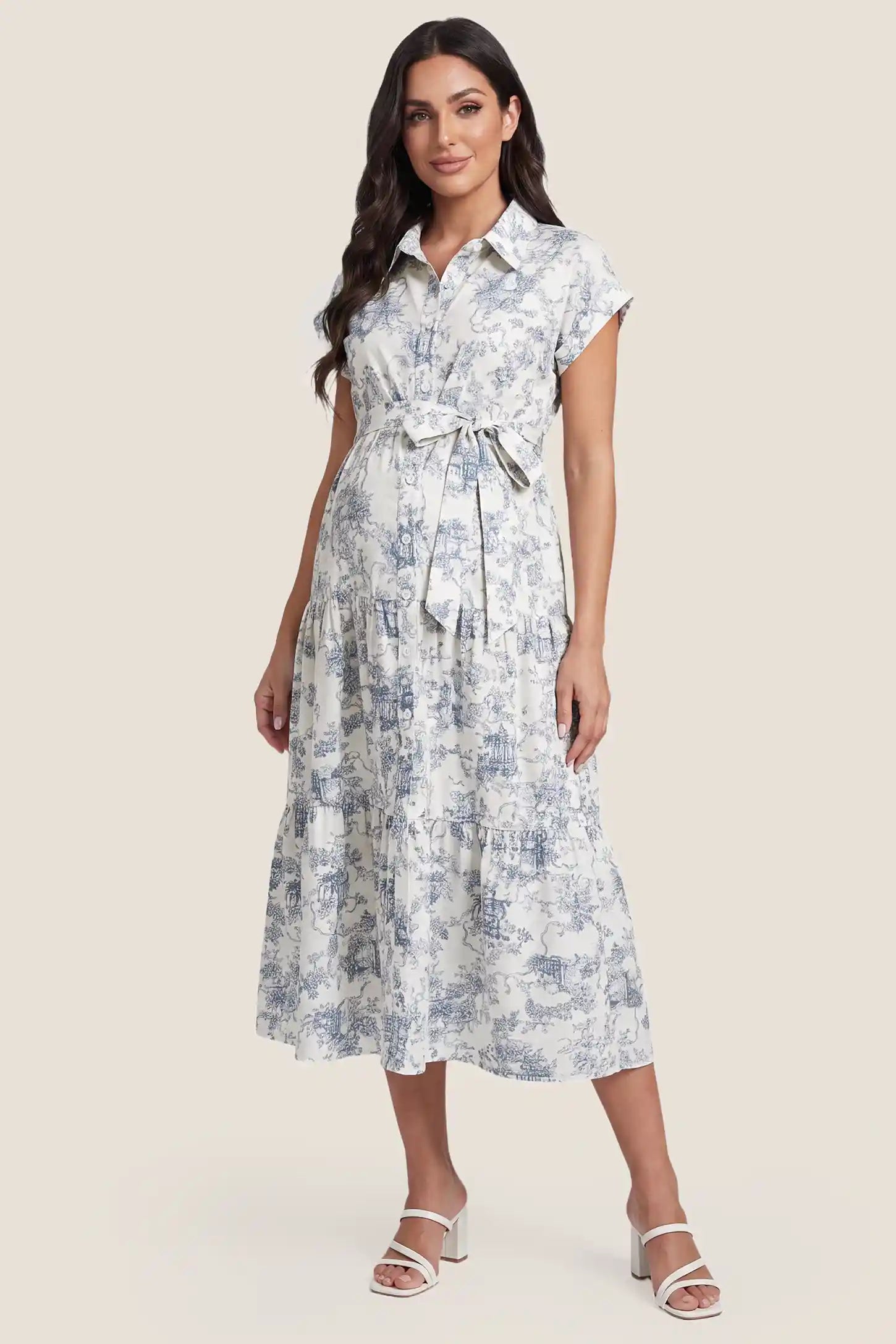 Belted V-Neck Tiered Chiffon Maternity Dress Belted V-Neck Tiered Chiffon Maternity Dress in Blue Toile featuring a V-neck design, front view on a pregnant model.