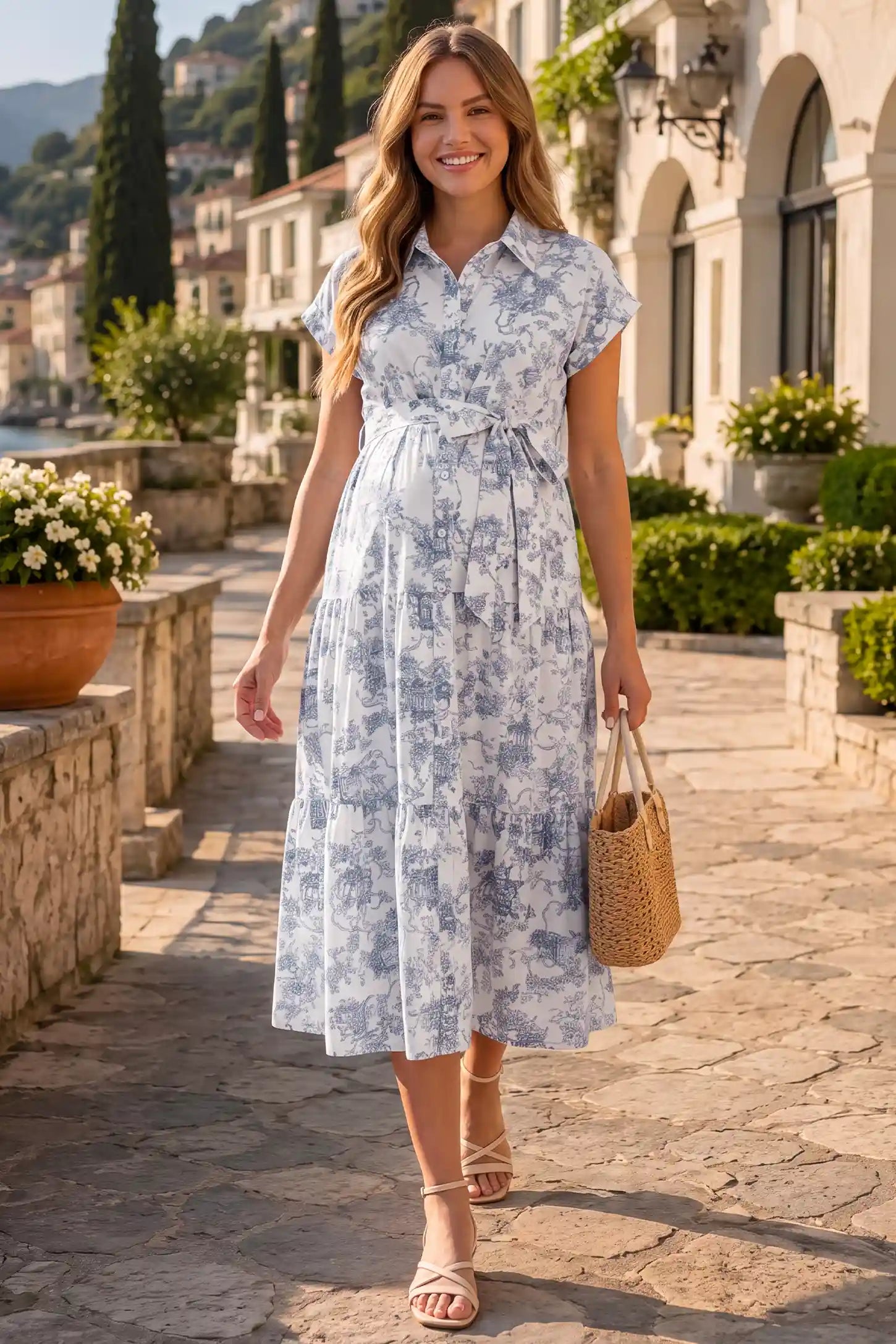 Belted V-Neck Tiered Chiffon Maternity Dress Belted V-Neck Tiered Chiffon Maternity Dress in Blue Toile, lifestyle view on a pregnant model.