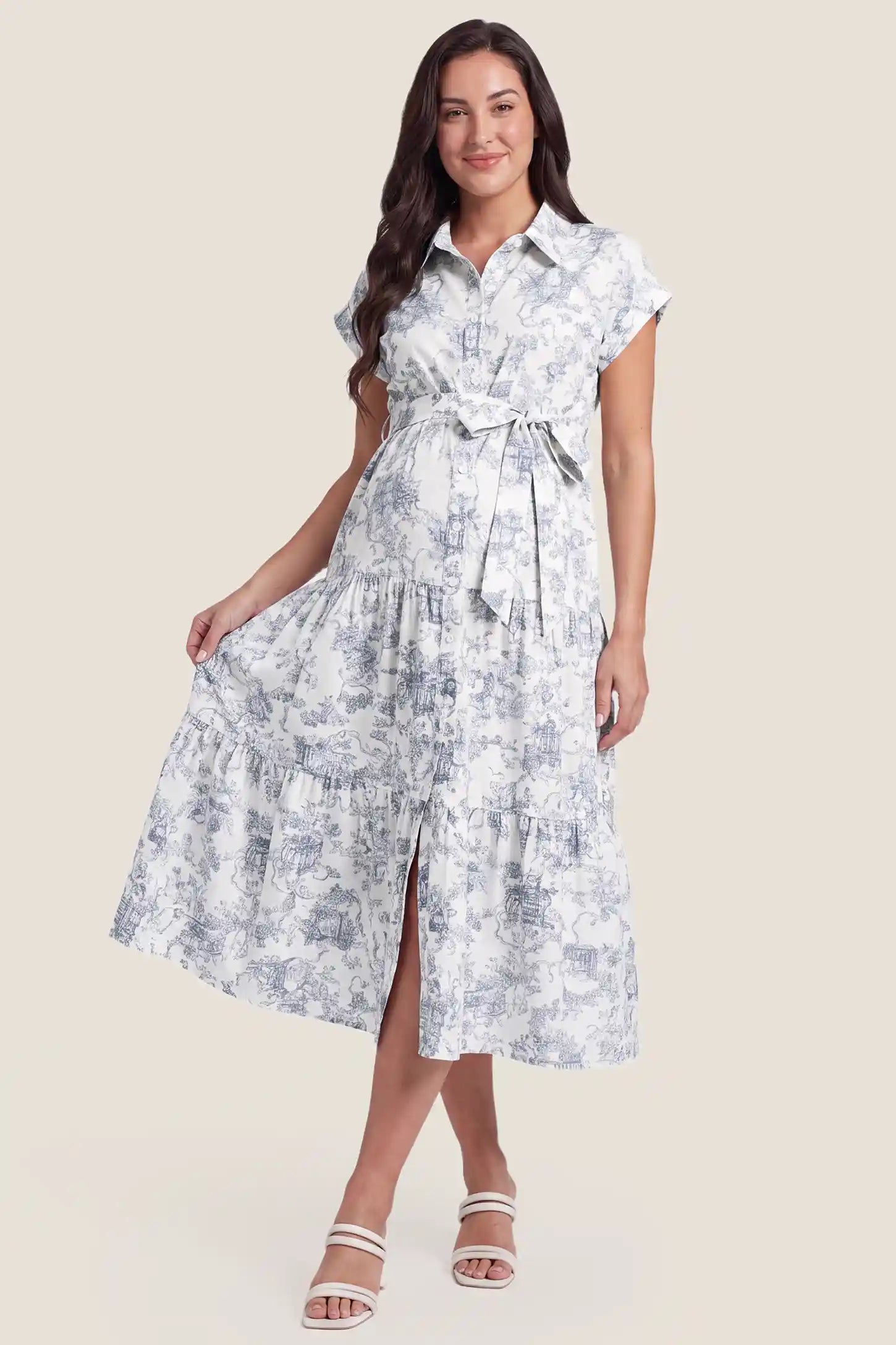 Belted V-Neck Tiered Chiffon Maternity Dress Belted V-Neck Tiered Chiffon Maternity Dress in Blue Toile, front view on a plus-size model.