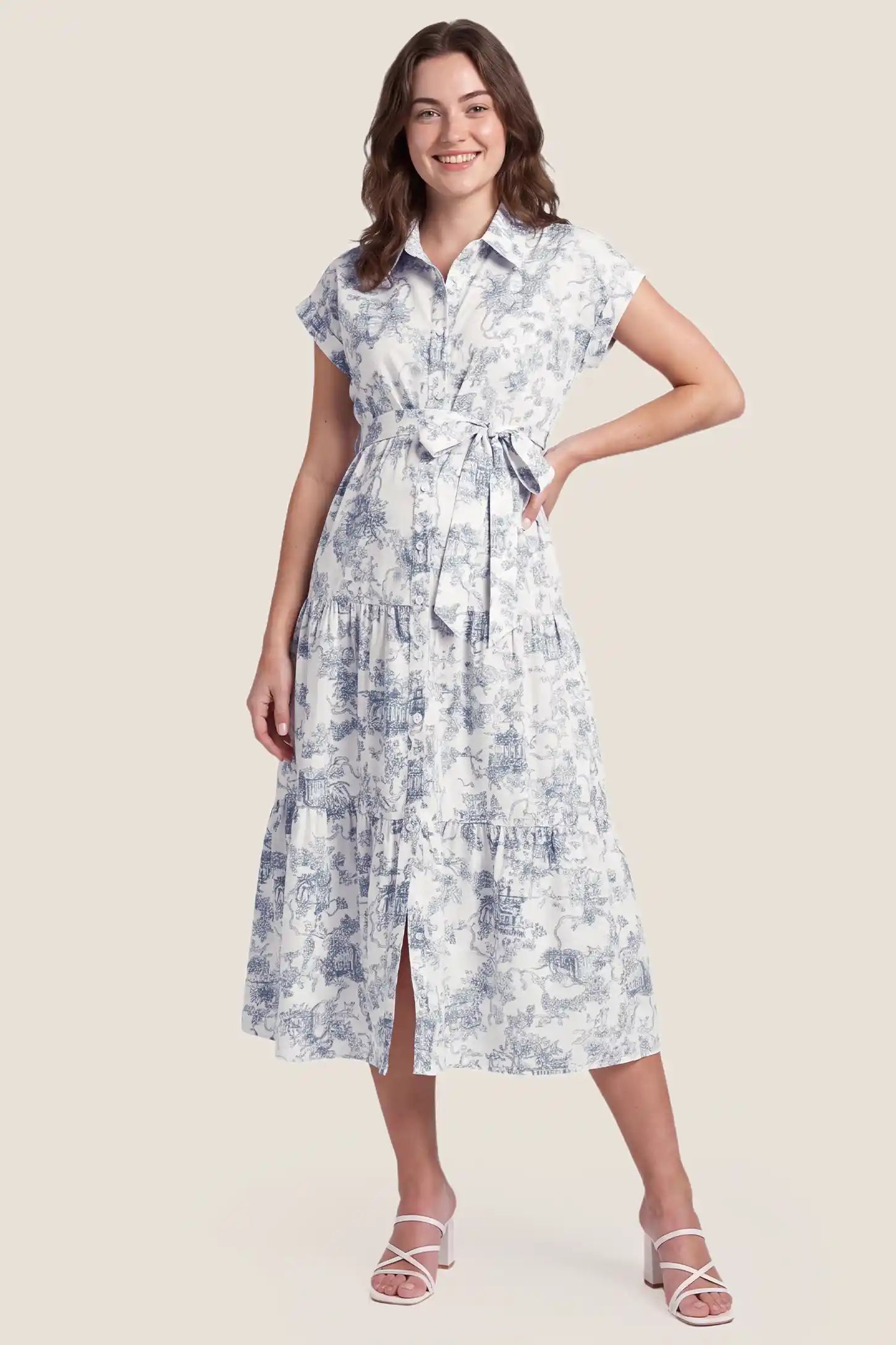Belted V-Neck Tiered Chiffon Maternity Dress Belted V-Neck Tiered Chiffon Maternity Dress in Blue Toile, front view on a non pregnant model.