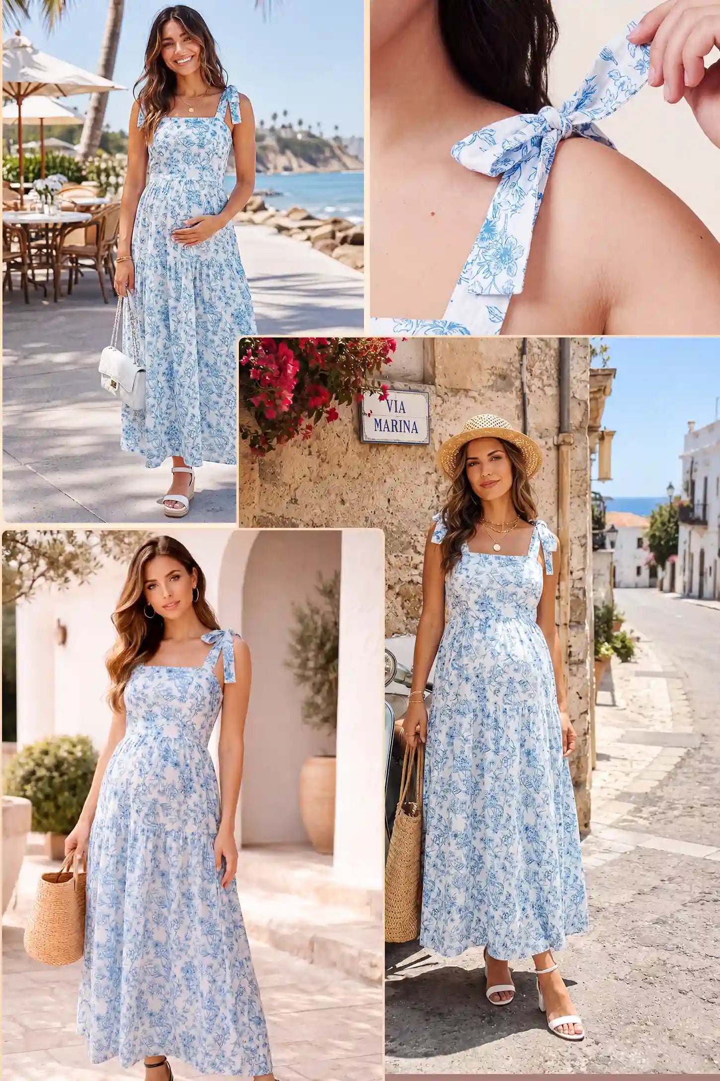 Floral Cami Tiered Maxi Maternity Dress Blue and white floral cami maternity tiered maxi dress on a pregnant model, showcasing the light and airy fabric.
