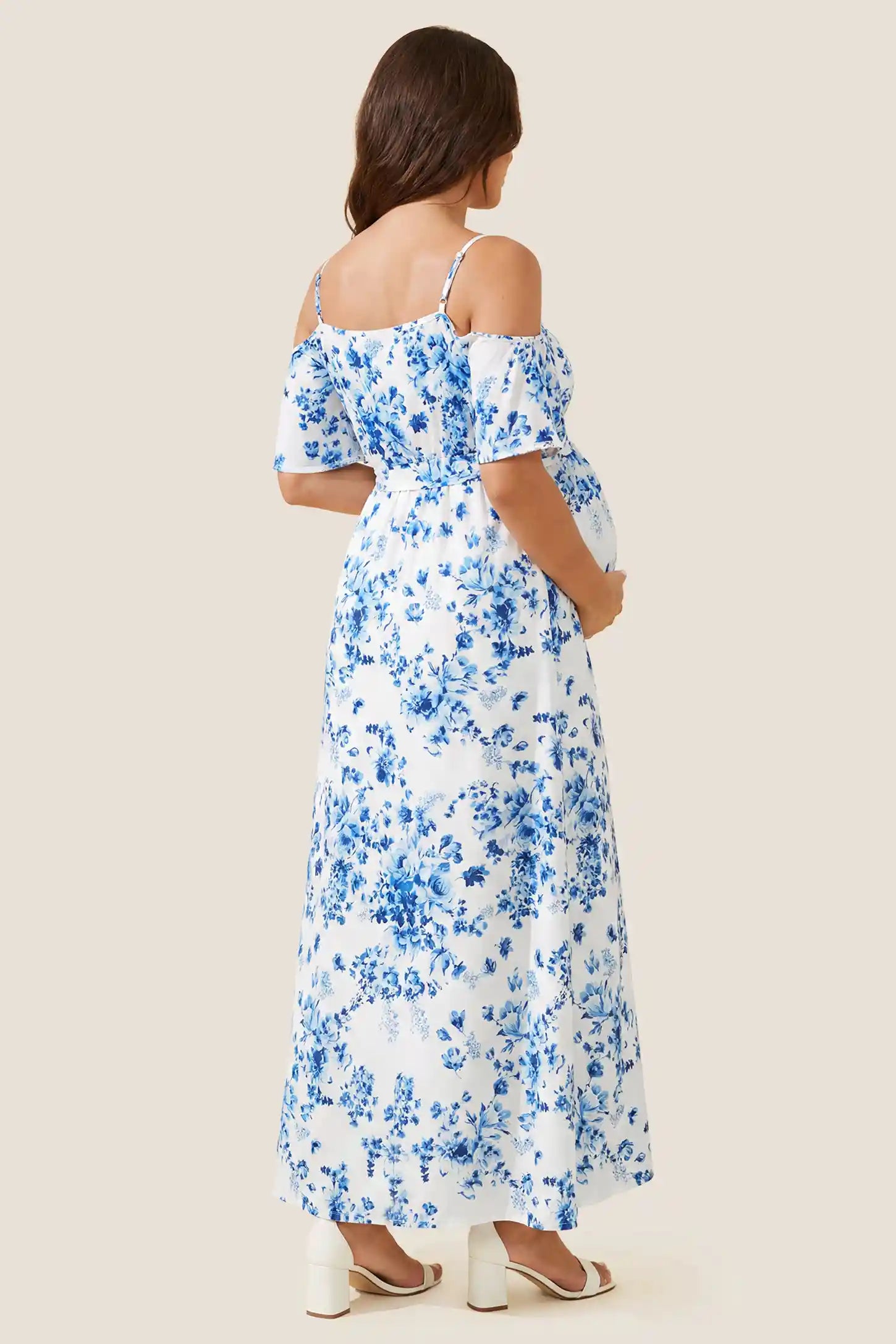 Elegant Floral Cold Shoulder Maternity Maxi Dress with Slit Standard back view of the blue and white floral cold shoulder maternity maxi dress, highlighting the back silhouette and adjustable straps.