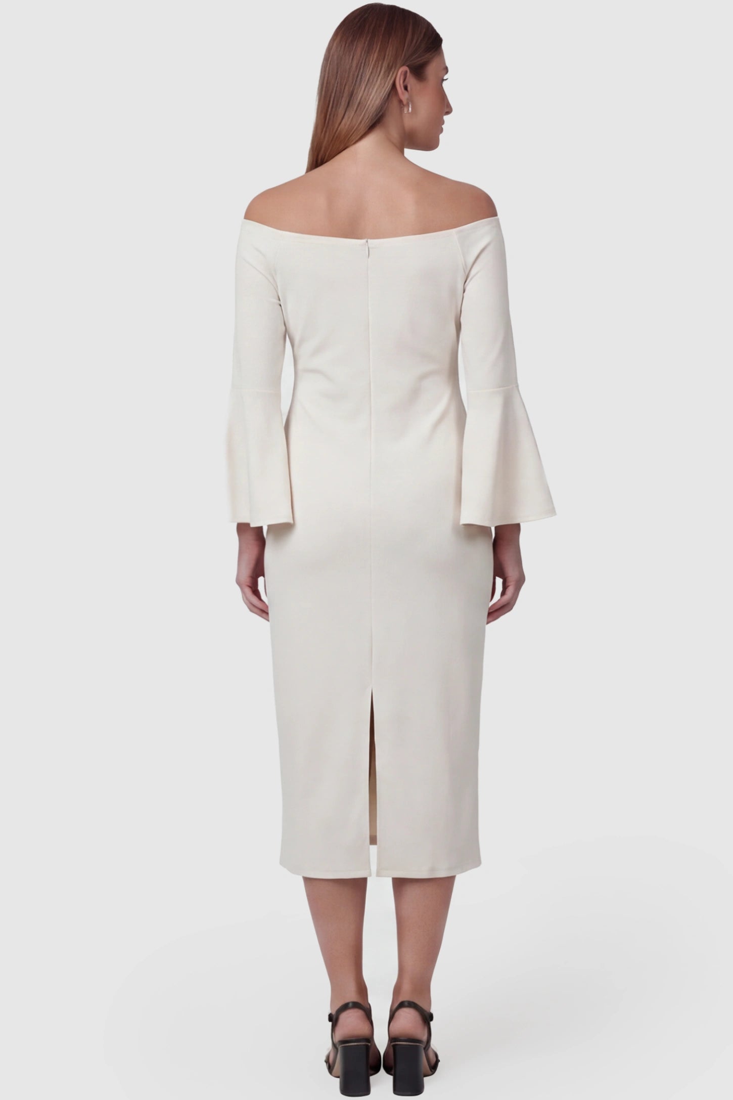 Boat Neck Bell Sleeve Maternity Midi Dress Boat Neck Bell Sleeve Maternity Midi Dress in beige featuring a high stretch fit and back vent detail on a pregnant model back view.