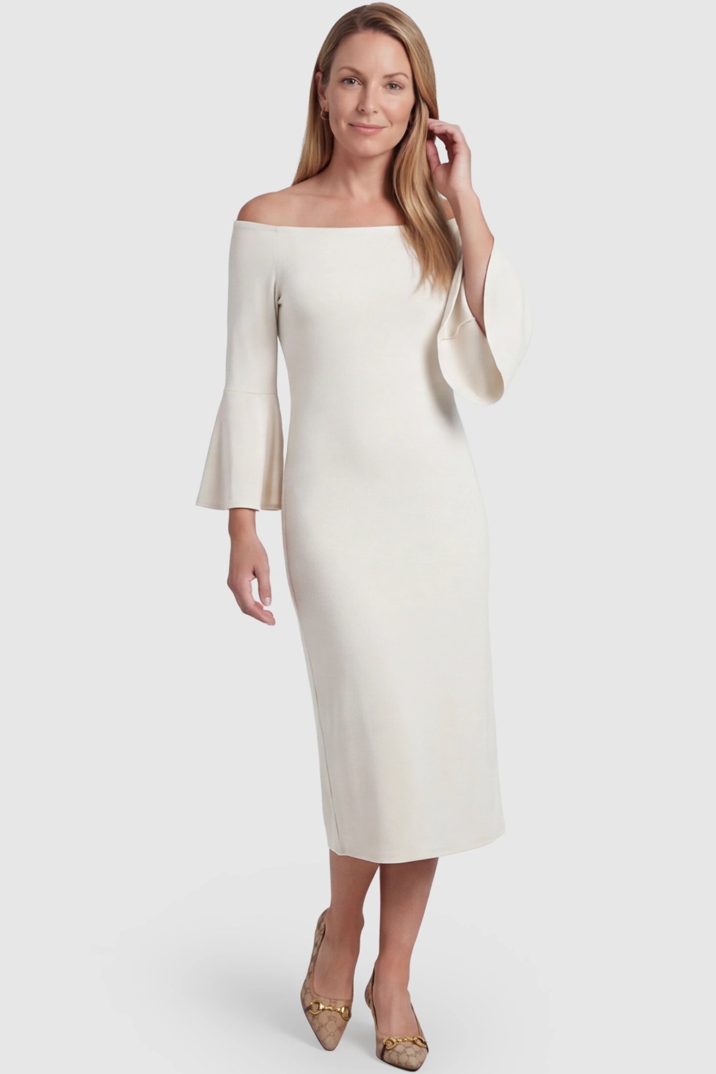 Boat Neck Bell Sleeve Maternity Midi Dress Boat Neck Bell Sleeve Maternity Midi Dress in beige featuring a high stretch fit on a postpartum model front view.
